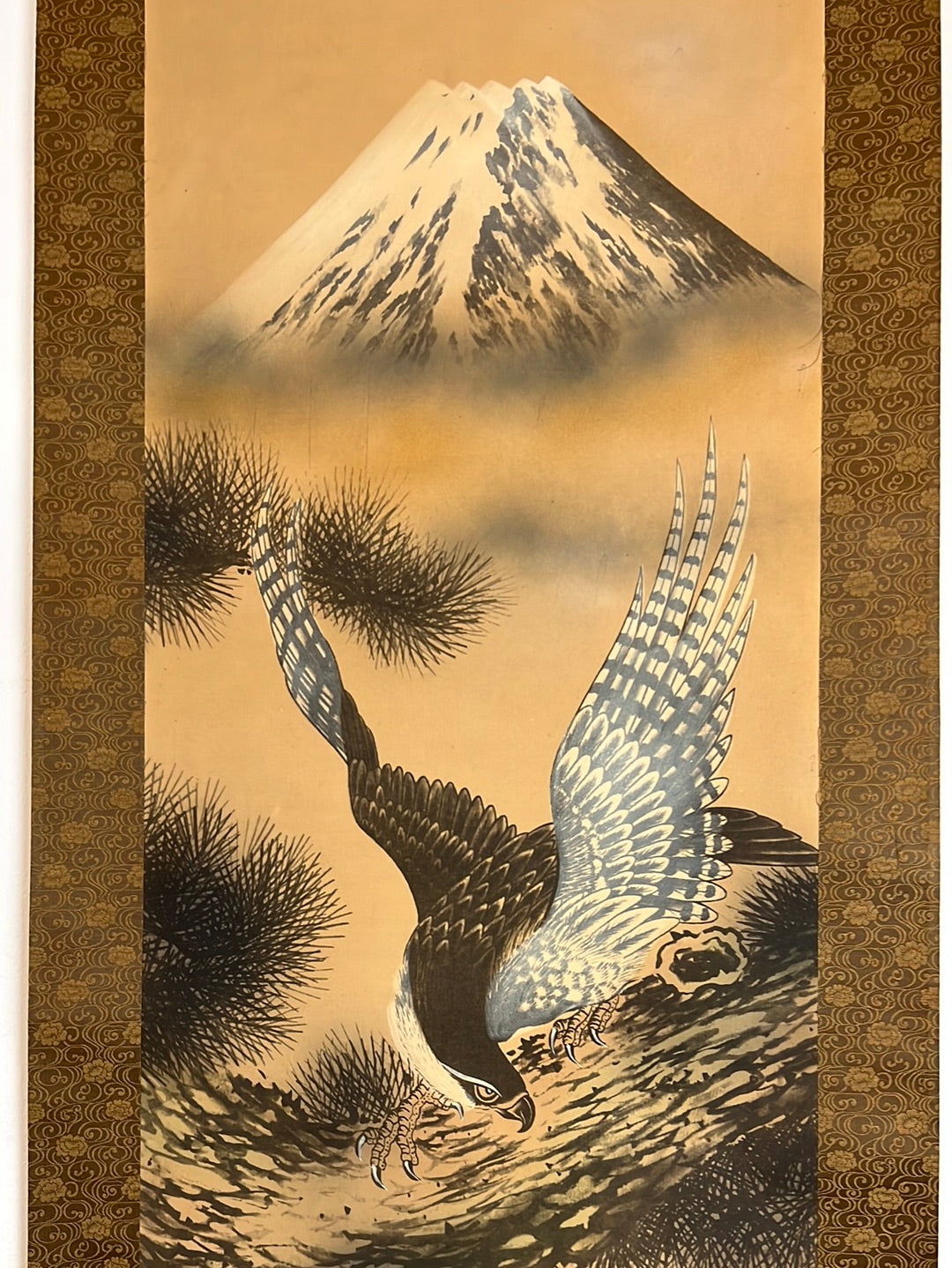 Japanese Vintage Scroll Kakejiku Hand Painted Showa Era Falcon & Mt Fuji 73"