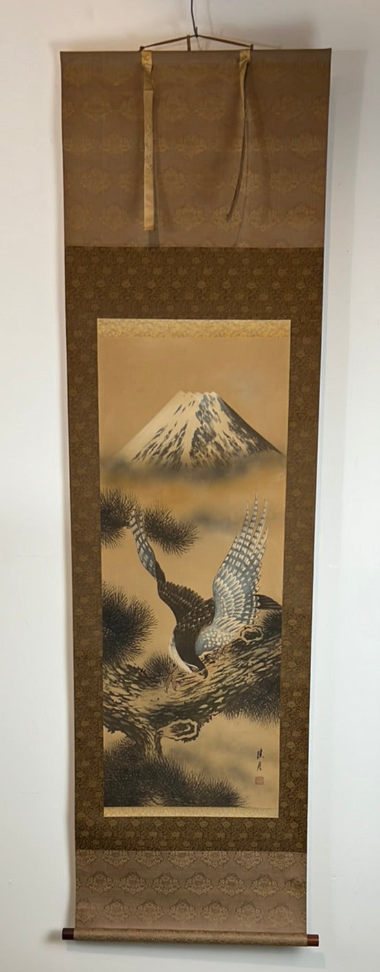 Japanese Vintage Scroll Kakejiku Hand Painted Showa Era Falcon & Mt Fuji 73"