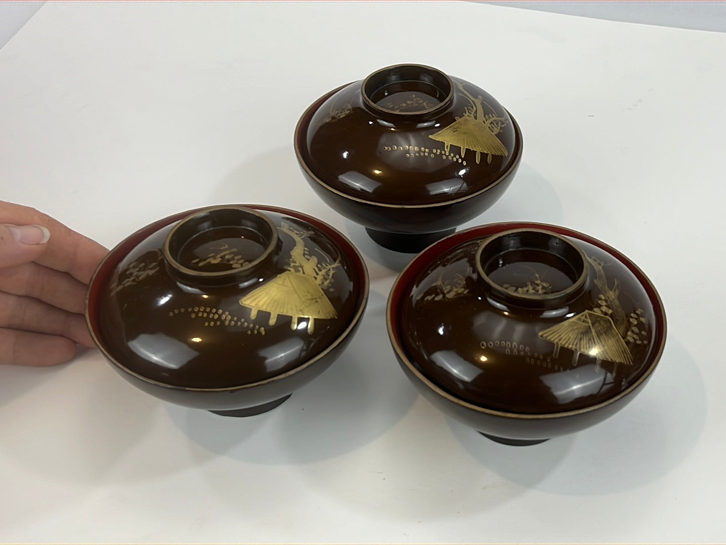 Antique Japanese Edo Era (c1850) Brown Lacquer Makie Wooden Lidded Soup / Rice Bowl