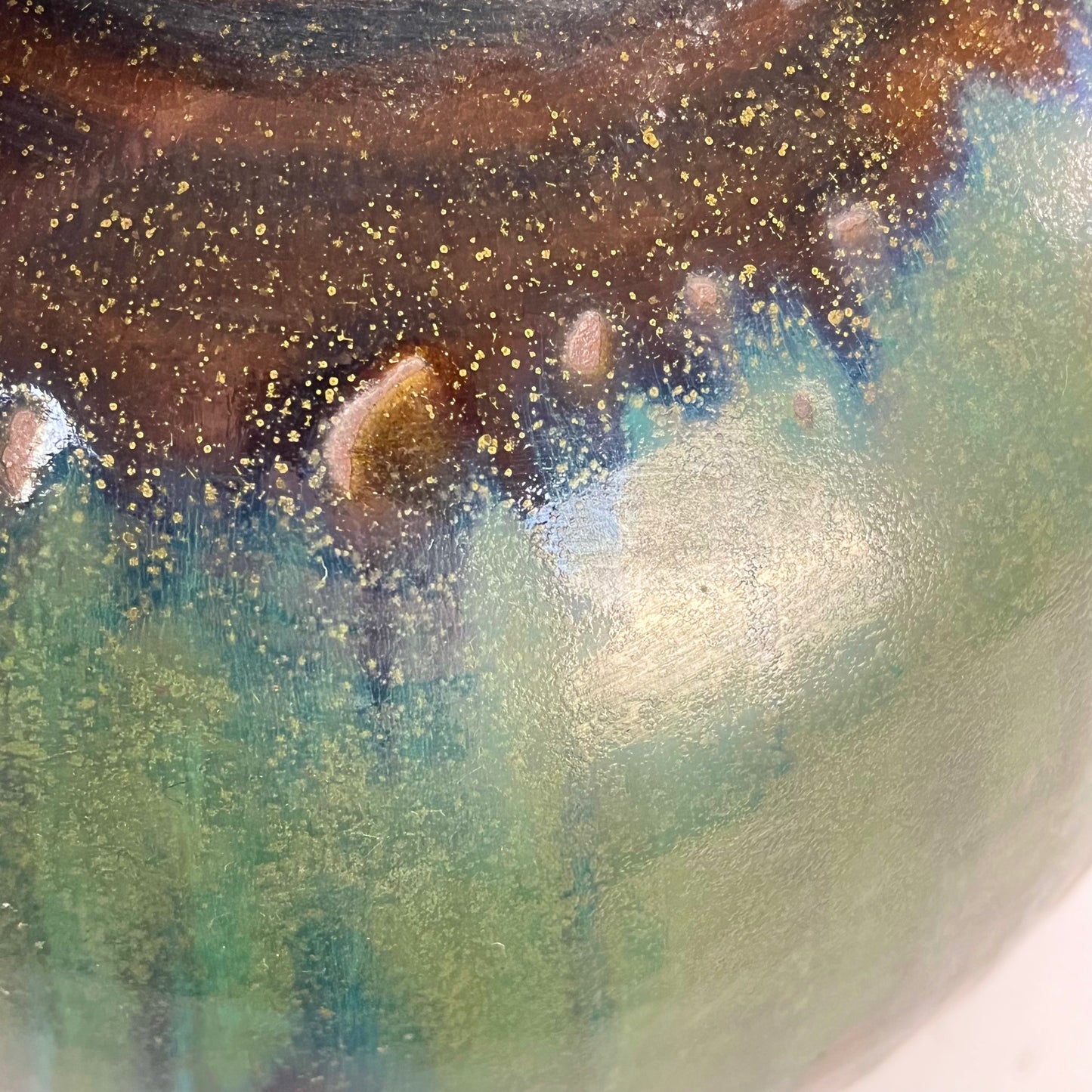 Vintage Japanese Tsubo Urn Vase Green & Blue Drip Glaze 11"