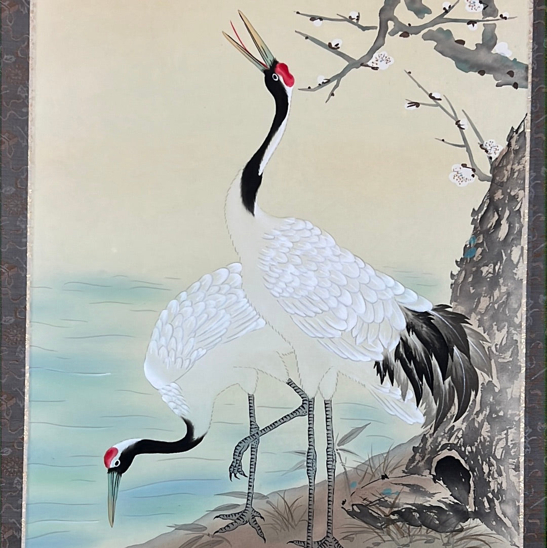 Japanese Scroll Hand Painted on Silk Showa Era Pair of Cranes 71"