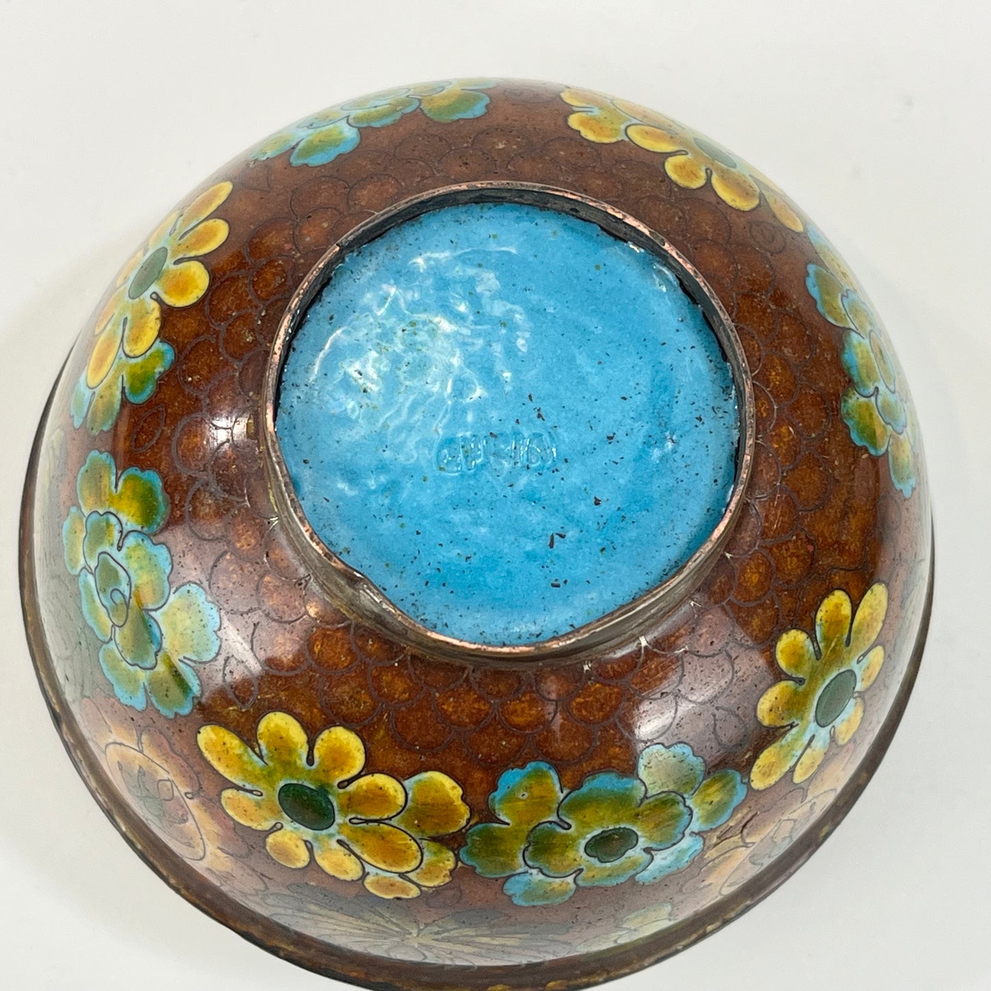 Chinese Cloisonné Bowl Set of Flowers & Blue Intirior 4"