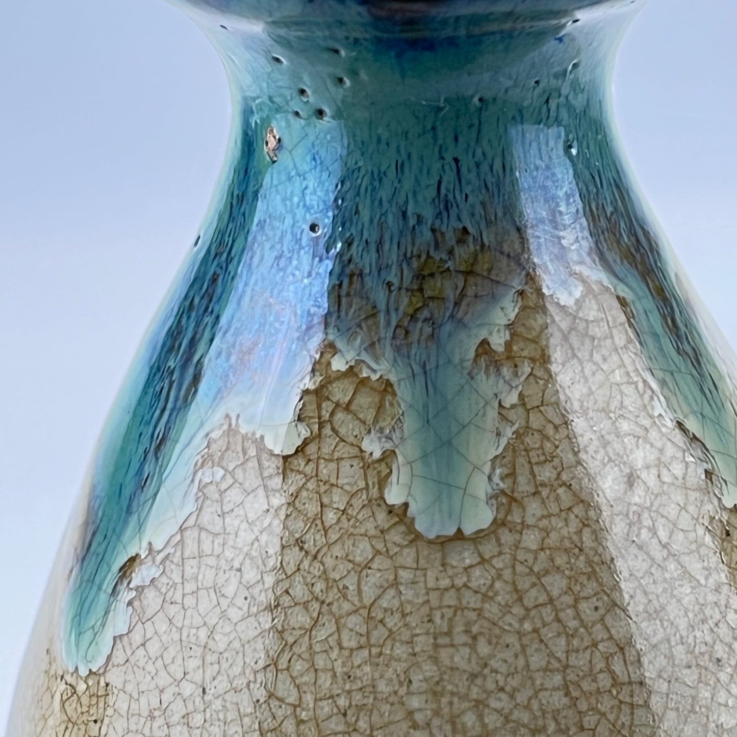 Antique Japanese Sake Bottle Tokkuri Blue Hares Fur Glaze Spout 8”