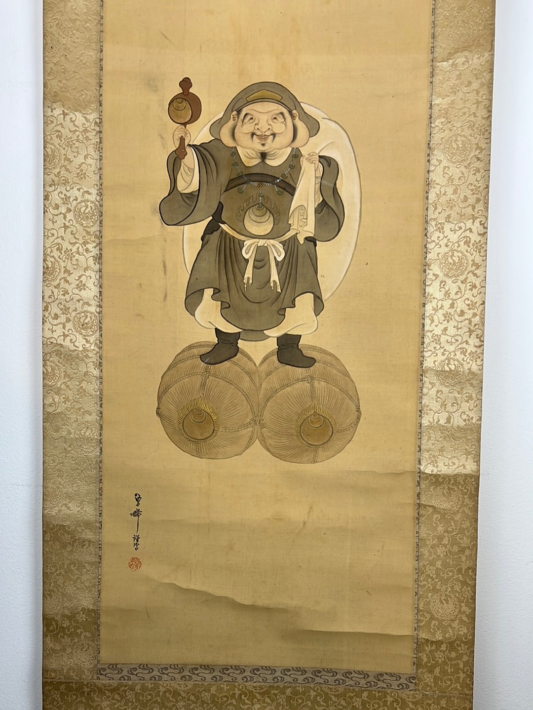 Japanese Scroll Hand Painted on Silk Taisho Era Daikoku Lucky God 75”