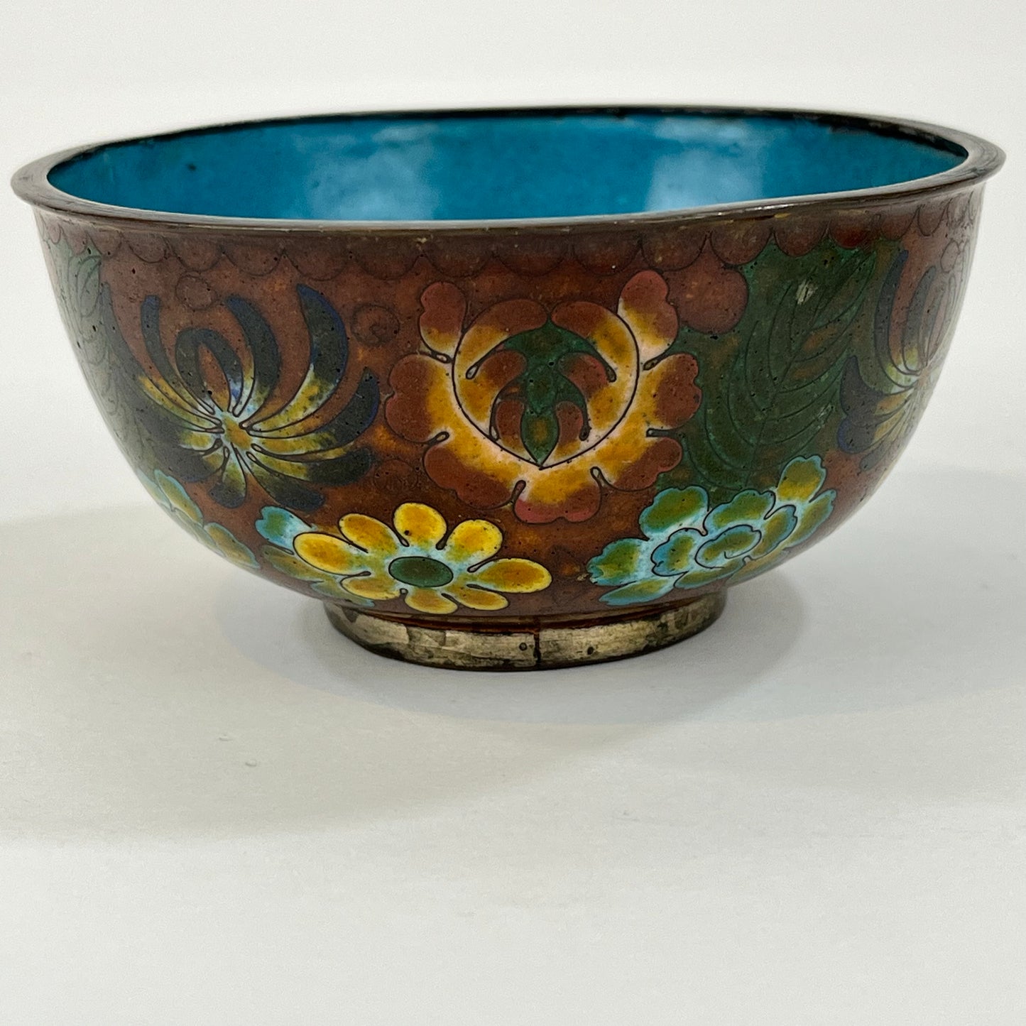 Chinese Cloisonné Bowl Set of Flowers & Blue Intirior 4"
