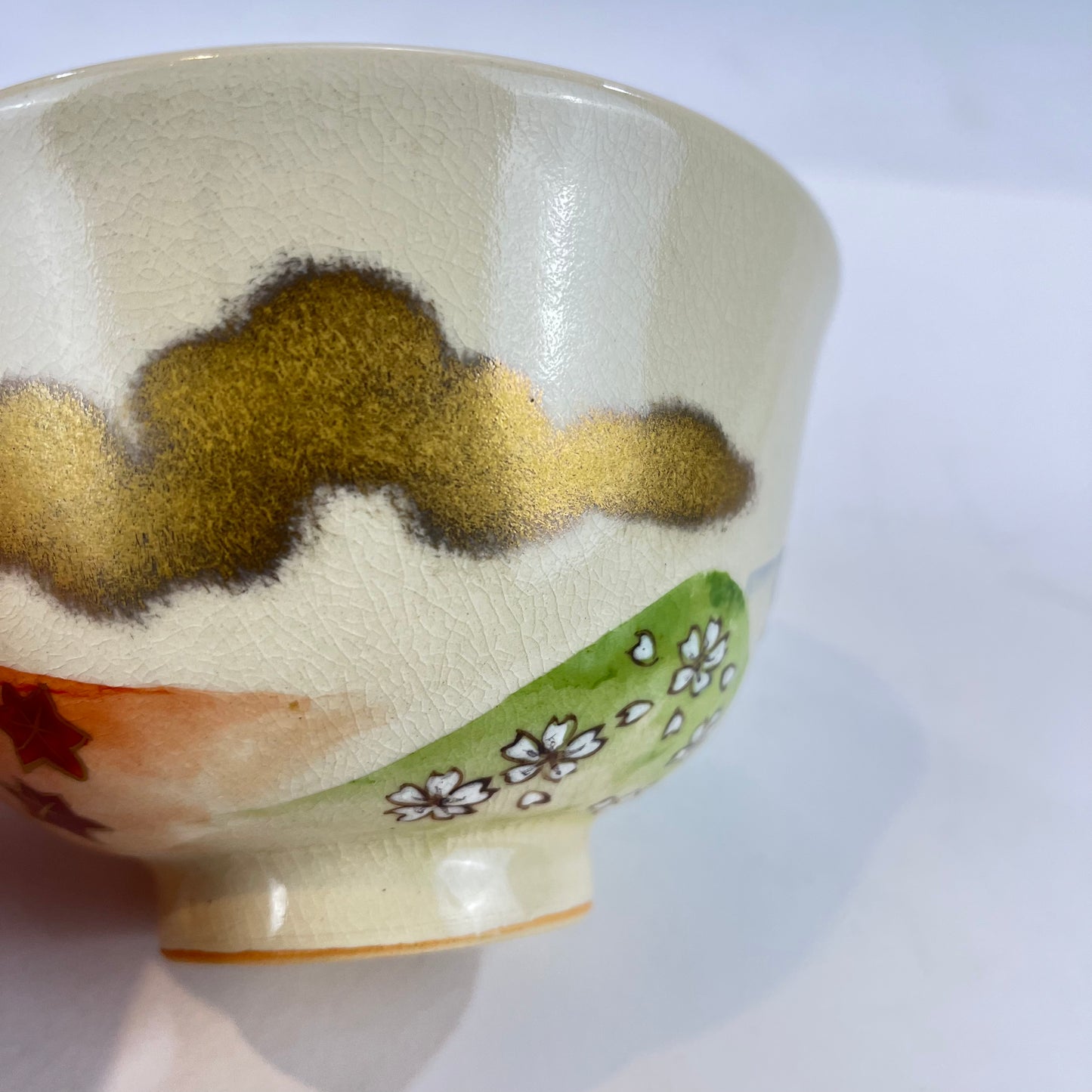 Signed Tea Ceremony Chawan Tea Bowl w/ Gold Clouds & Multicolored Hills