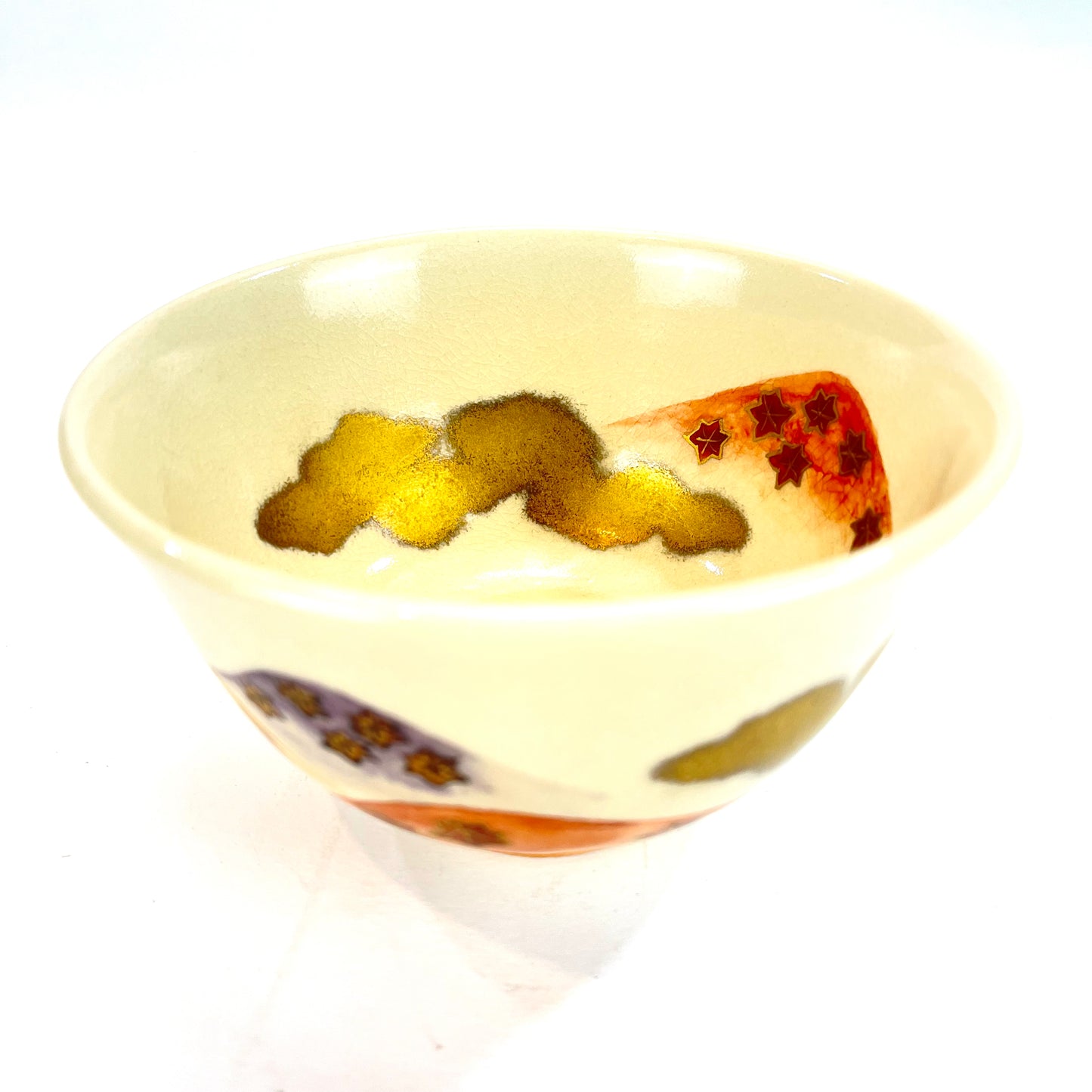 Signed Tea Ceremony Chawan Tea Bowl w/ Gold Clouds & Multicolored Hills