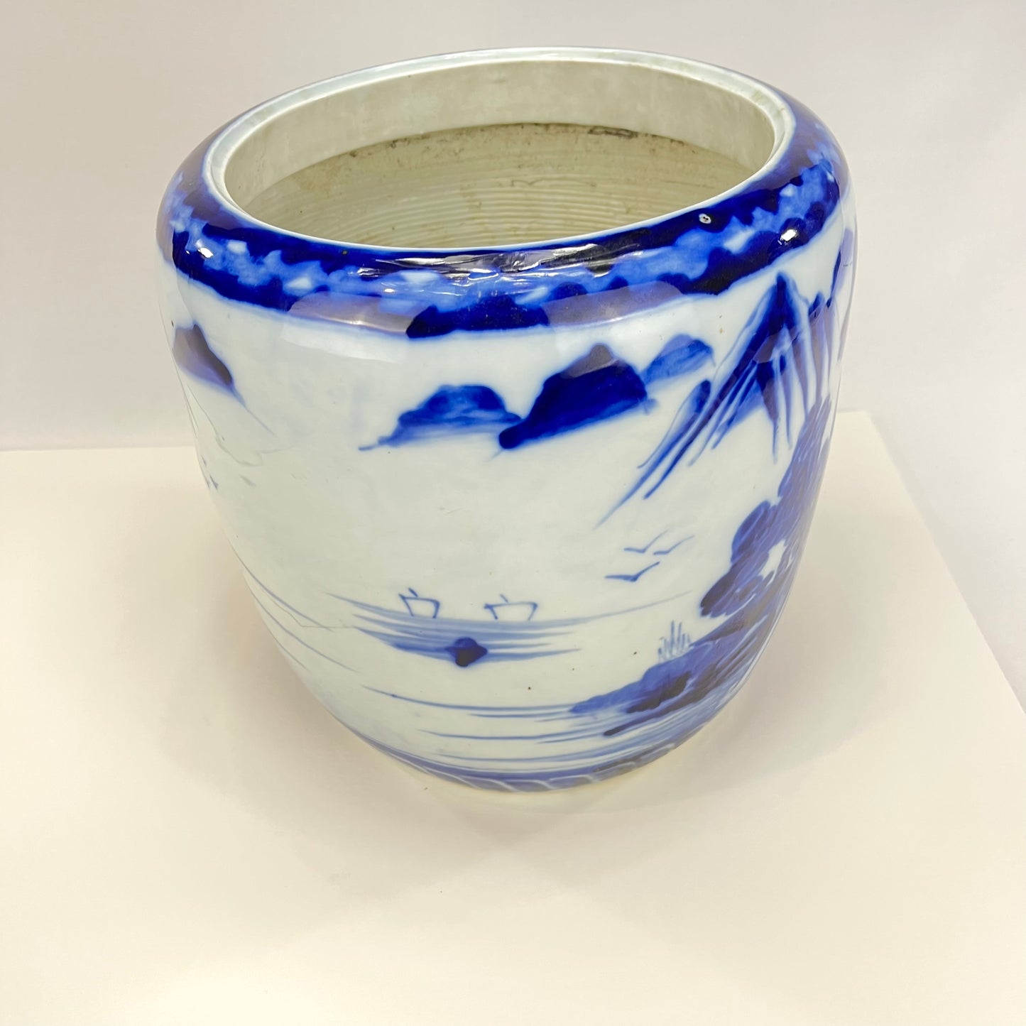 Antique Japanese Meiji Ceramic Imari Hibachi Brazier w/ Mountain & Water Landscape 11” Hand Painted