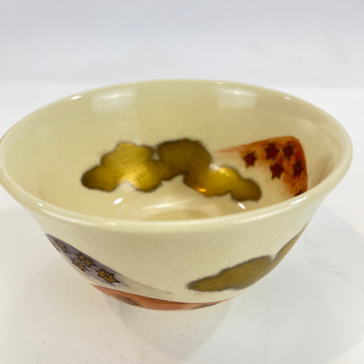 Signed Tea Ceremony Chawan Tea Bowl w/ Gold Clouds & Multicolored Hills