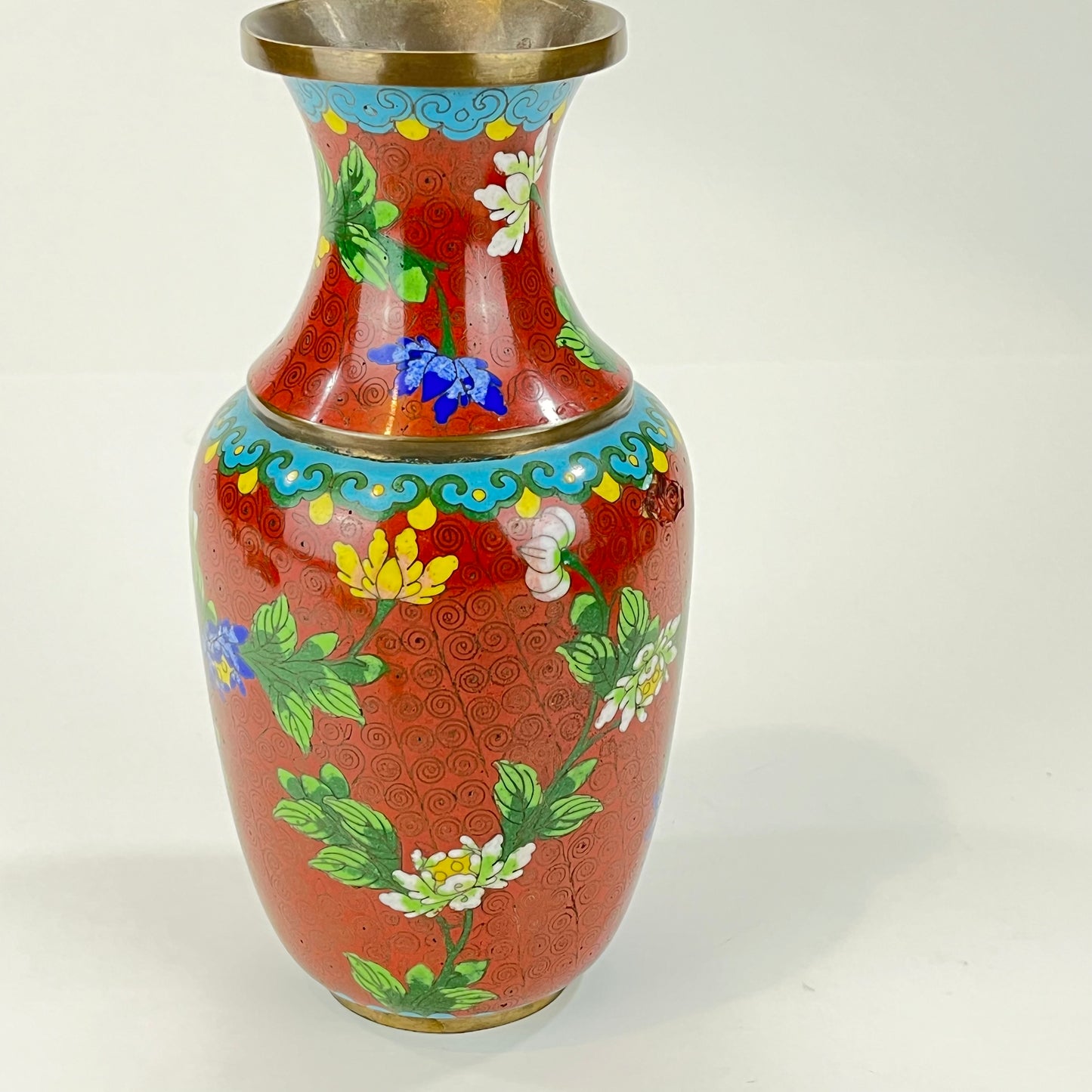 Vintage Chinese 70 Year Old Red Cloisonne Vase Floral Design 9"