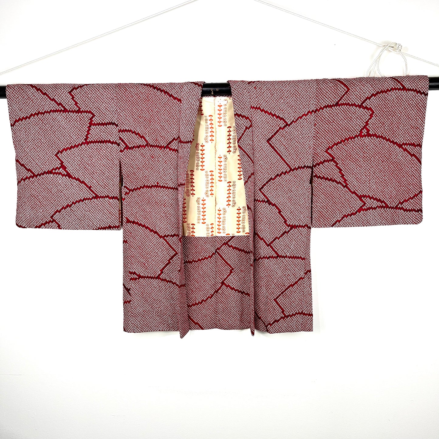 Vintage Japanese Silk Haori Coat in Shibori Tie-dye Bright Red Fan Pattern 28"L