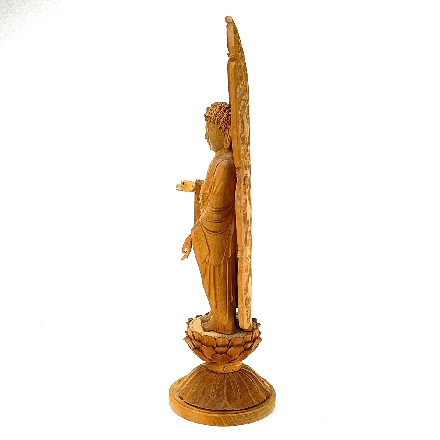 Statue of The Buddha in Standing Pose Carved Wooden Japanese lotus back