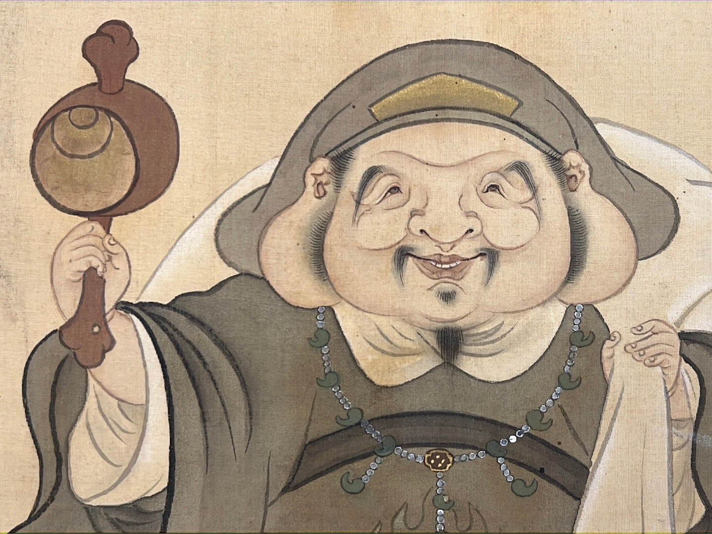 Japanese Scroll Hand Painted on Silk Taisho Era Daikoku Lucky God 75”