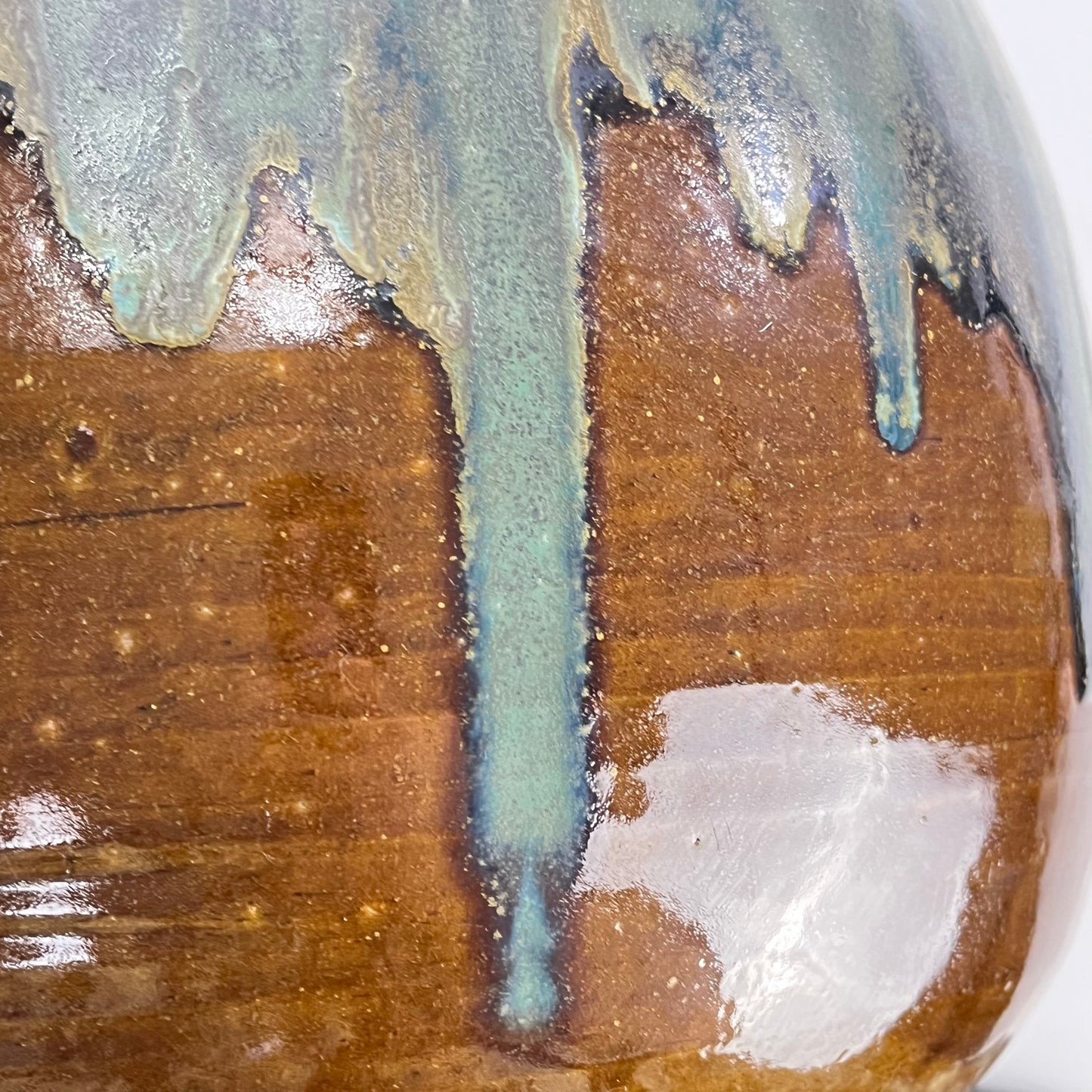 Vintage Japanese Tsubo Urn Vase Green & Blue Drip Glaze 11"