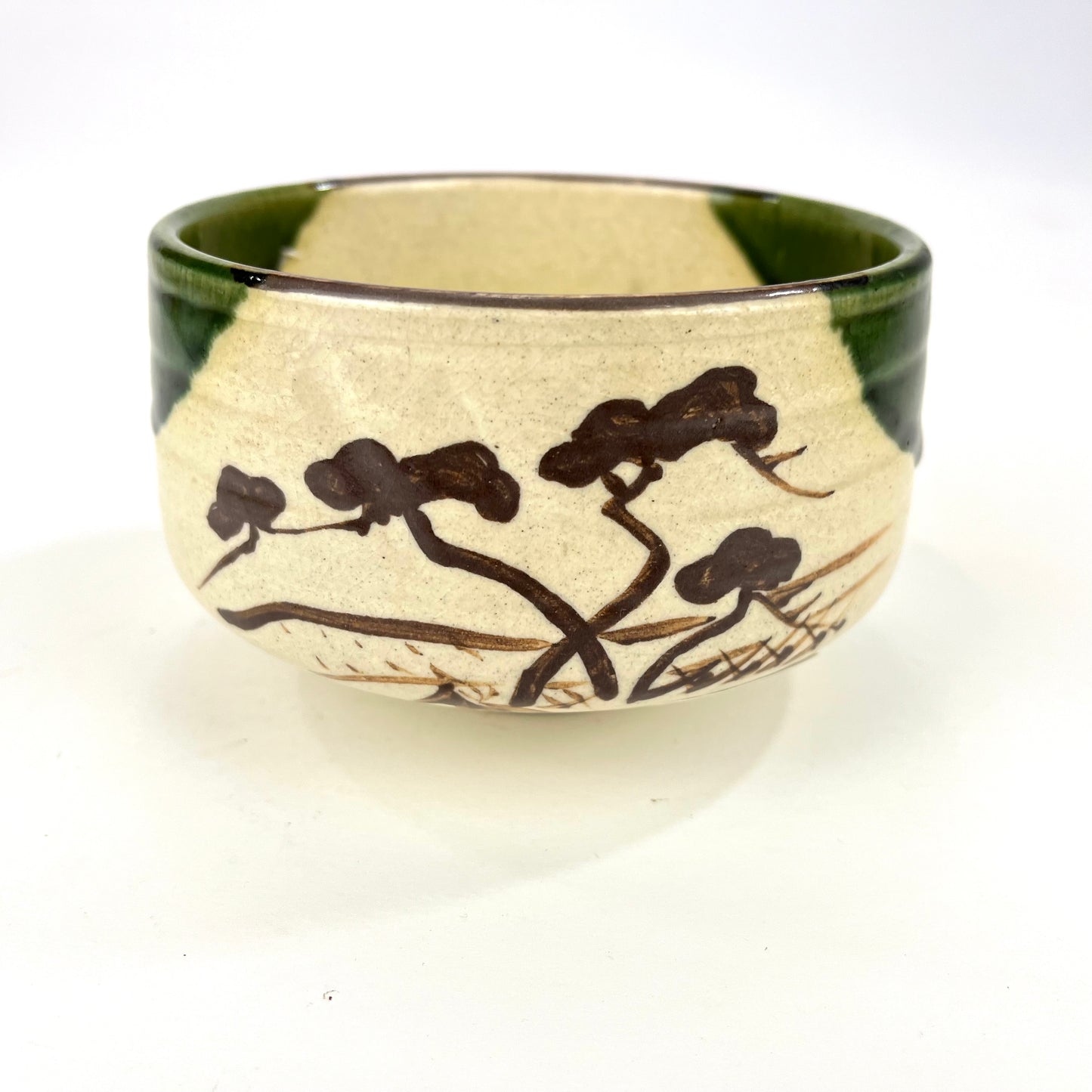 Signed Oribewear Tea Ceremony Chawan Tea Bowl Green Spot Drips & Pine Trees