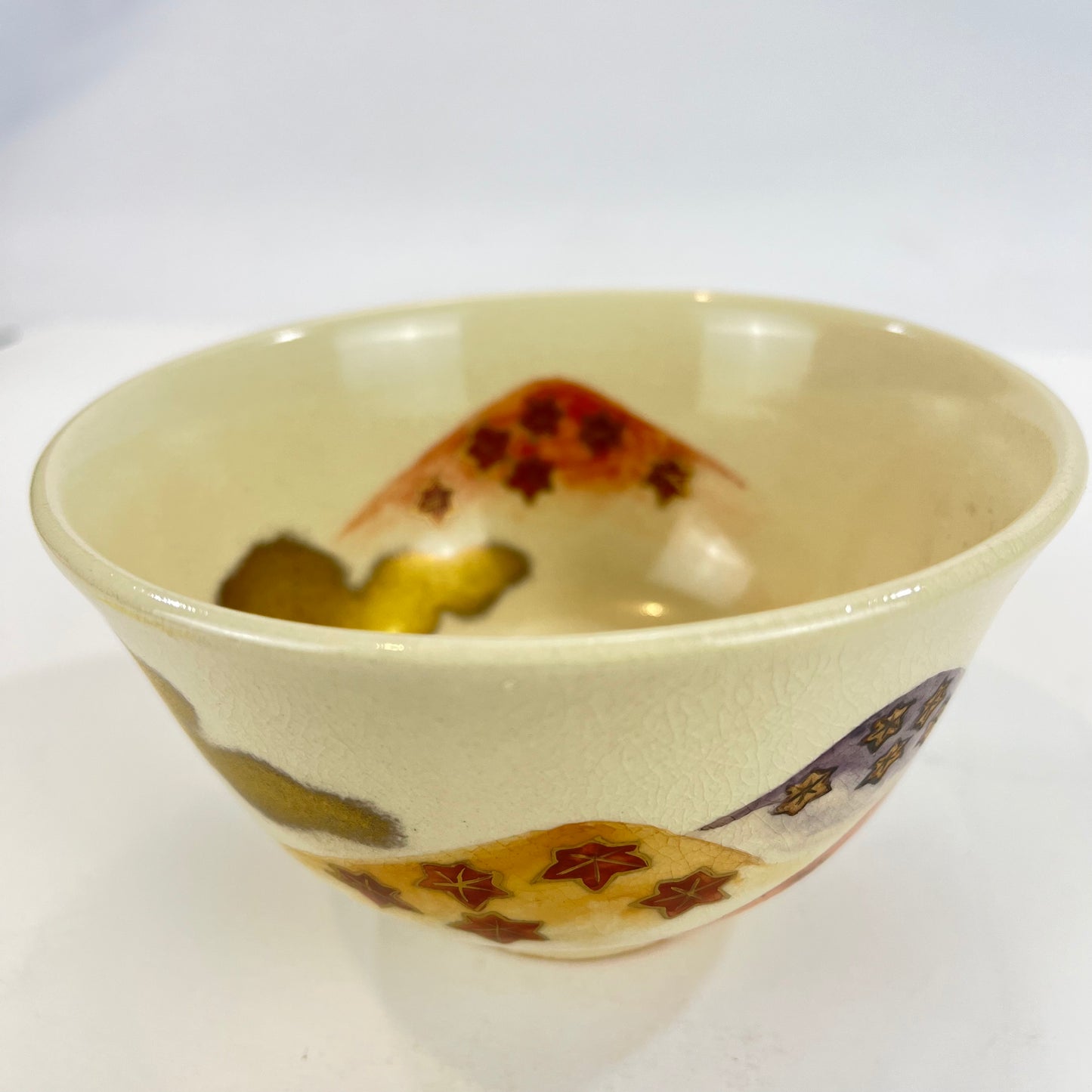 Signed Tea Ceremony Chawan Tea Bowl w/ Gold Clouds & Multicolored Hills