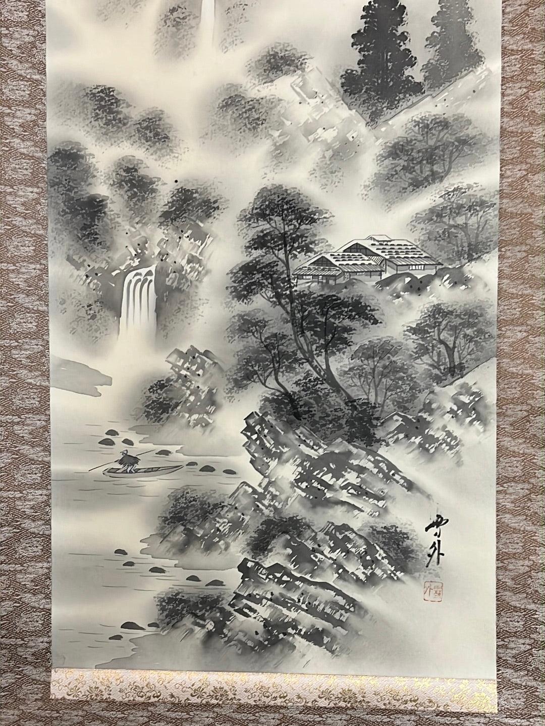 Japanese Vintage Scroll Kakejiku Hand Painted on Silk Showa Era Waterfall 74"