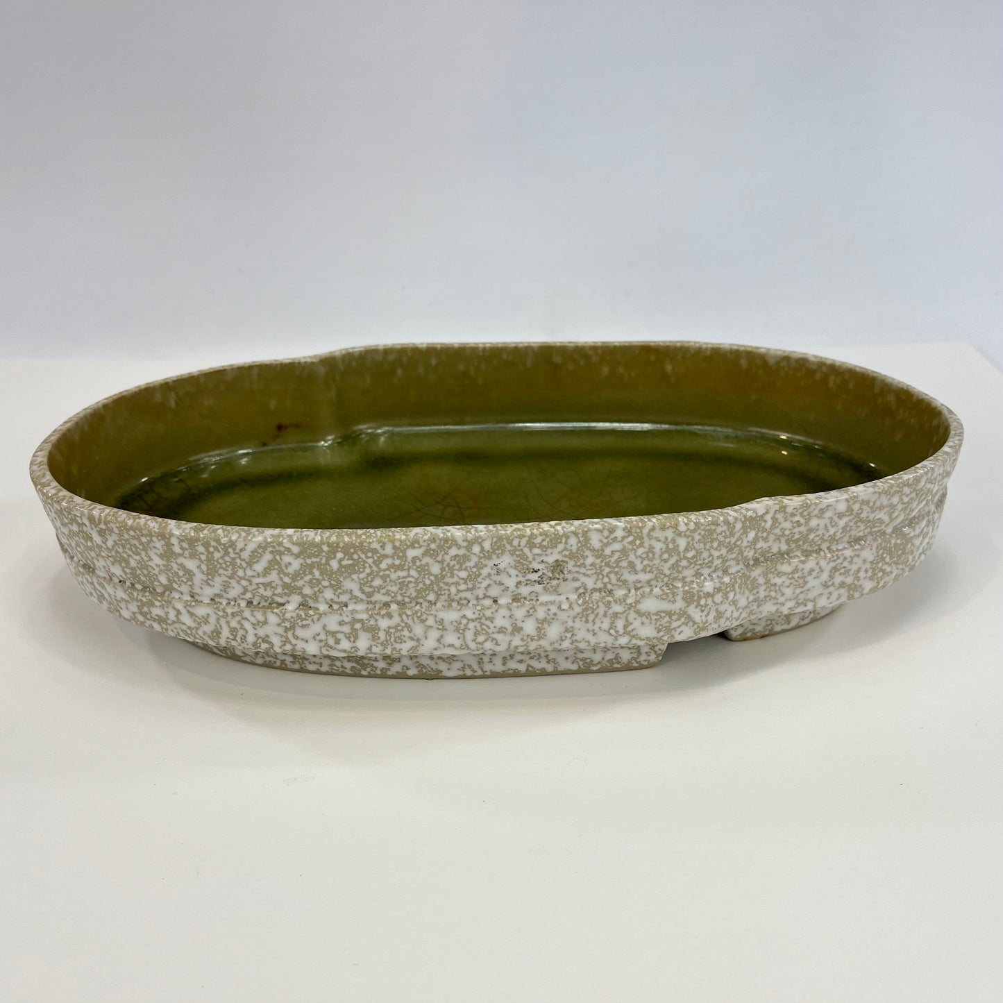 Japanese Ceramic Ikebana Vase Tan Clay Outside & Glossy Green Glaze Inside 13"