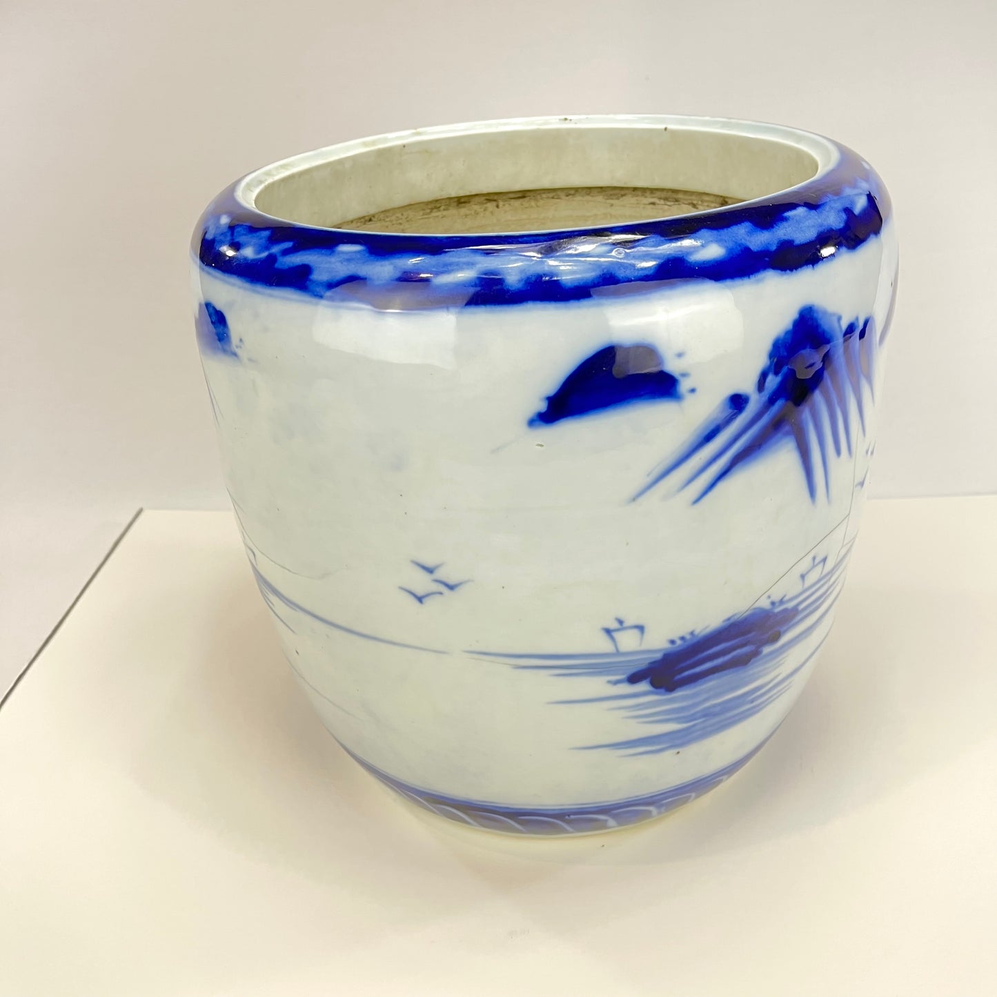 Antique Japanese Meiji Ceramic Imari Hibachi Brazier w/ Mountain & Water Landscape 11” Hand Painted