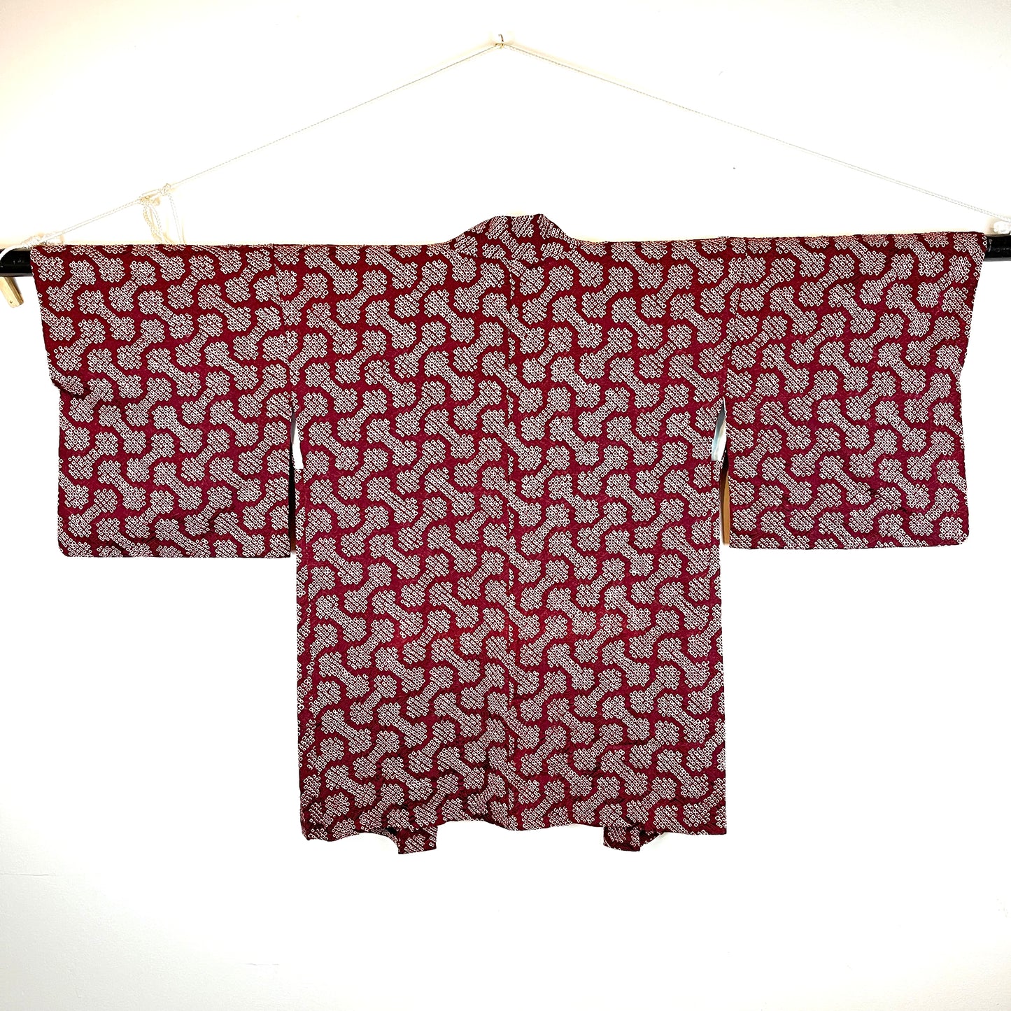 Vintage Japanese Patterned Silk Haori Coat in Shibori Style Red 35"L