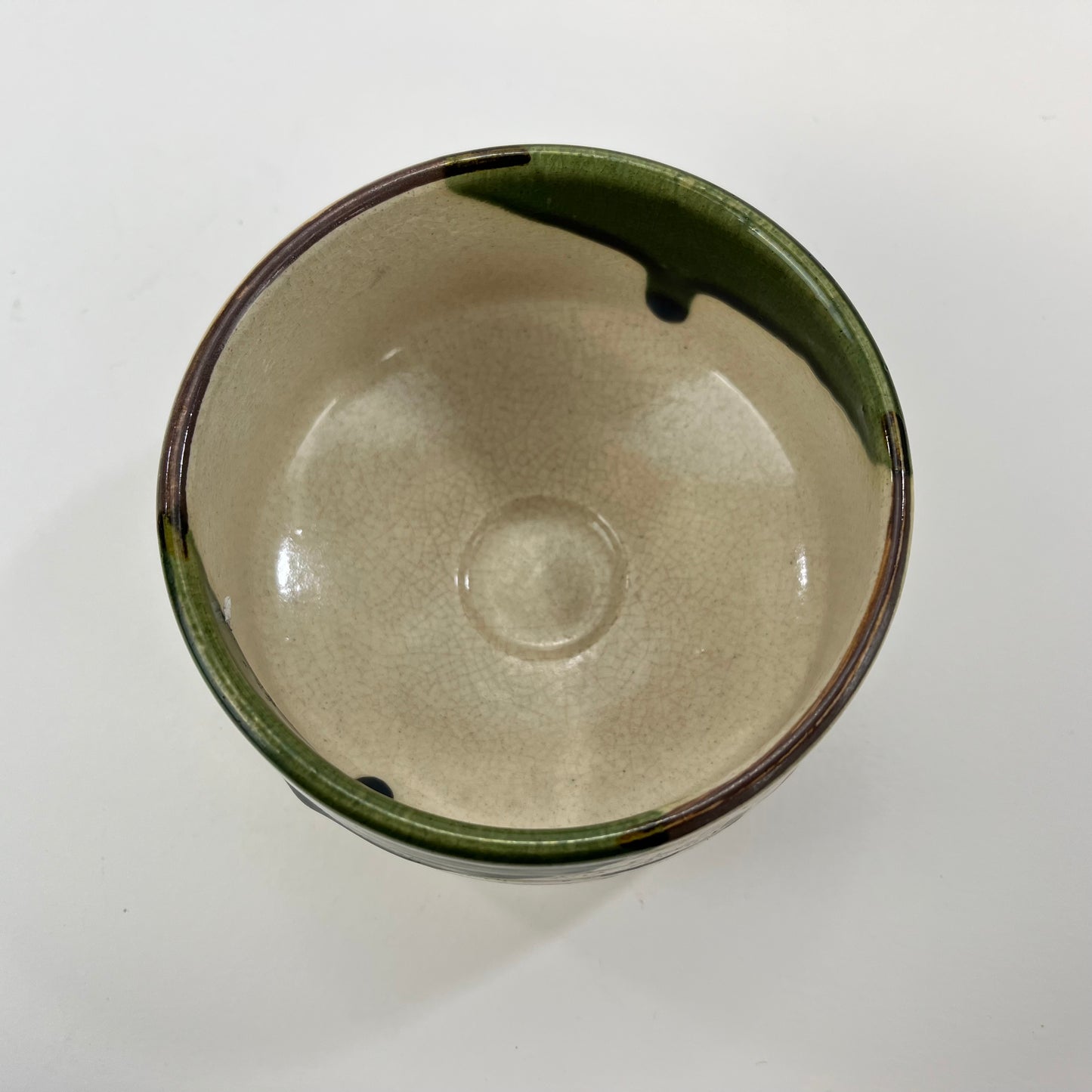 Signed Oribewear Tea Ceremony Chawan Tea Bowl Green Spot Drips & Pine Trees