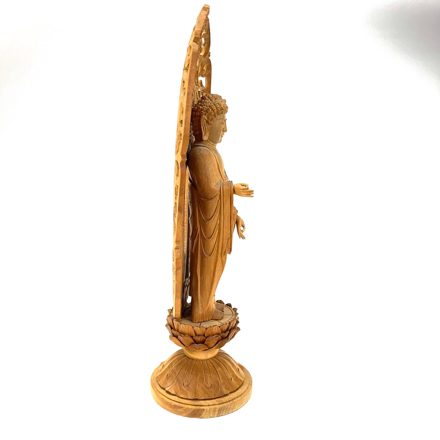 Statue of The Buddha in Standing Pose Carved Wooden Japanese lotus back
