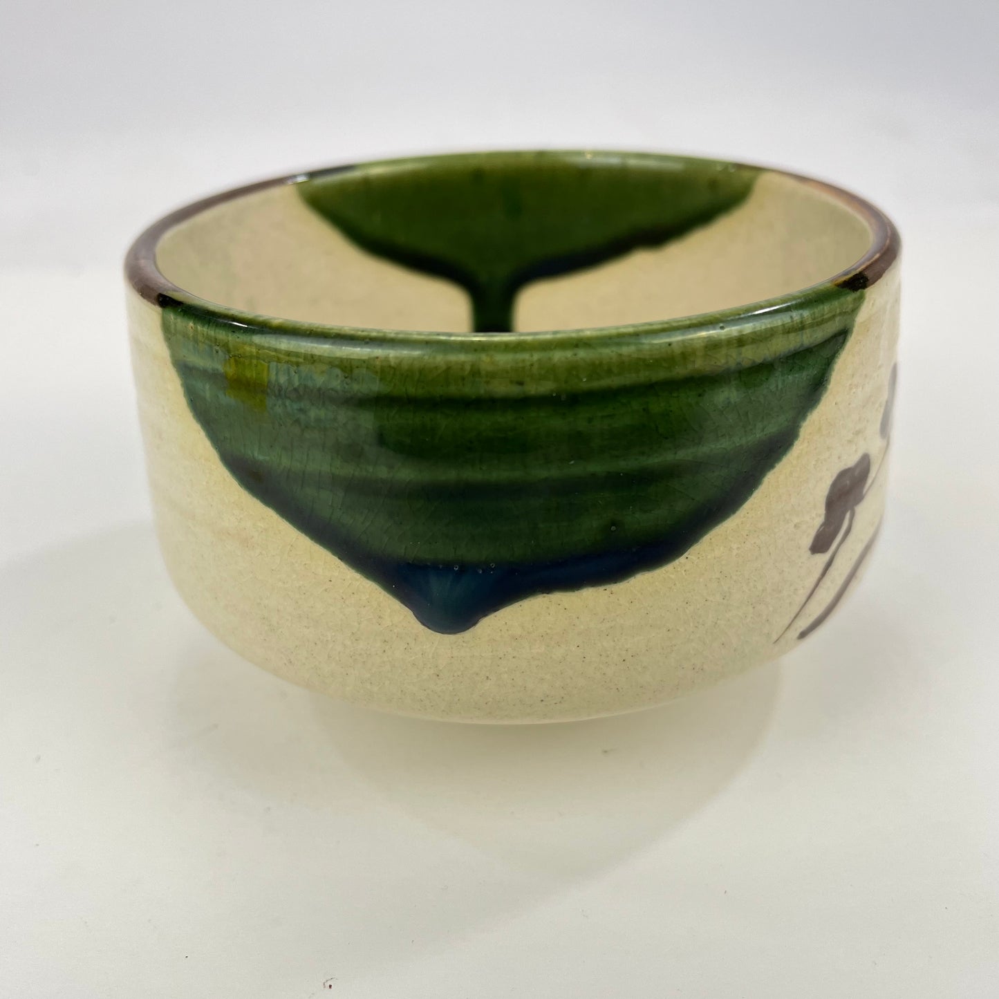Signed Oribewear Tea Ceremony Chawan Tea Bowl Green Spot Drips & Pine Trees