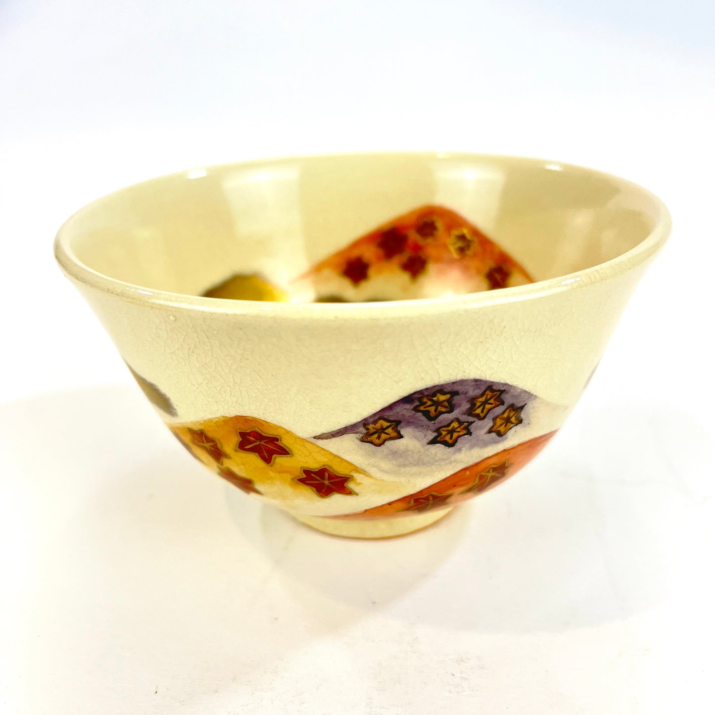 Signed Tea Ceremony Chawan Tea Bowl w/ Gold Clouds & Multicolored Hills