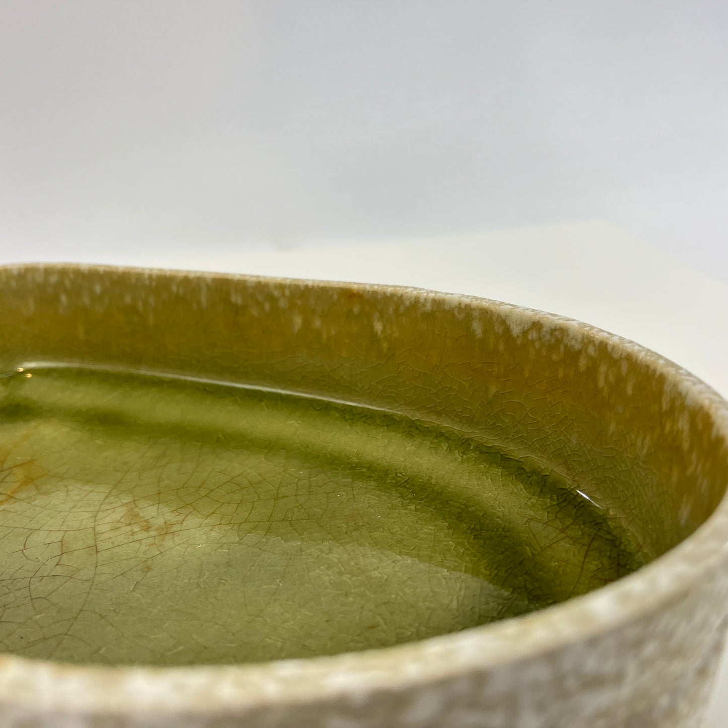 Japanese Ceramic Ikebana Vase Tan Clay Outside & Glossy Green Glaze Inside 13"