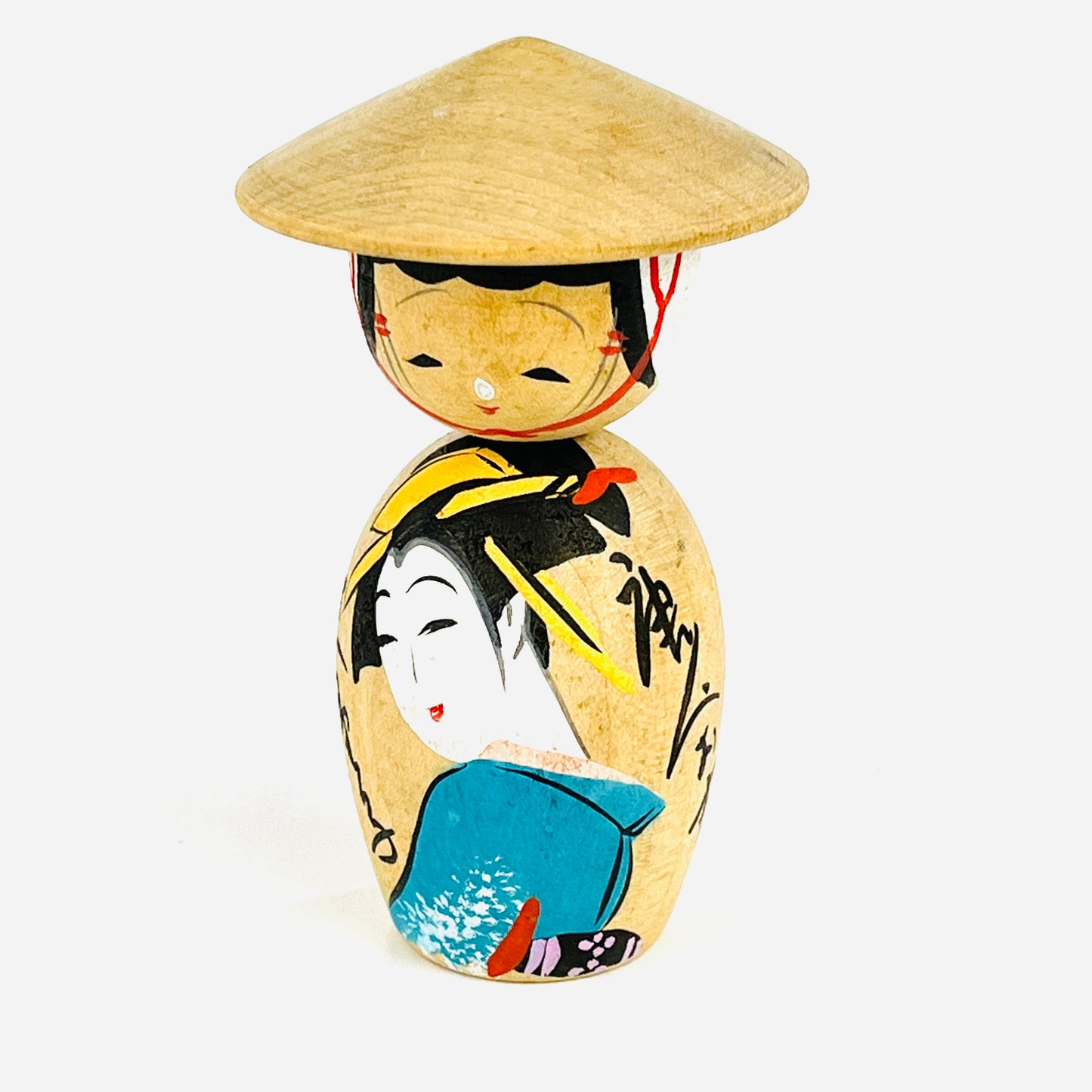 Vintage Japanese Kokeshi WoodenDoll w/ Hat & Portrait "