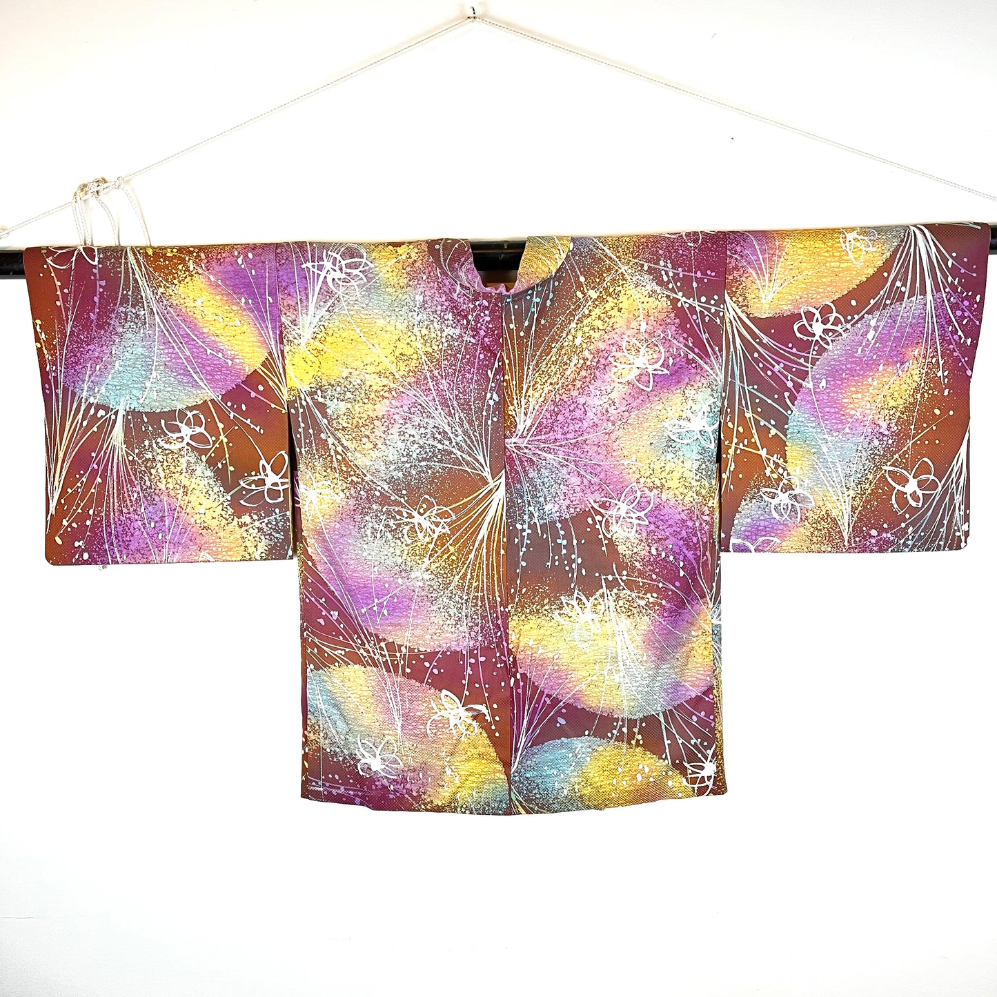 Vintage Japanese Silk Haori Coat in Bright Flower patterns 28"L