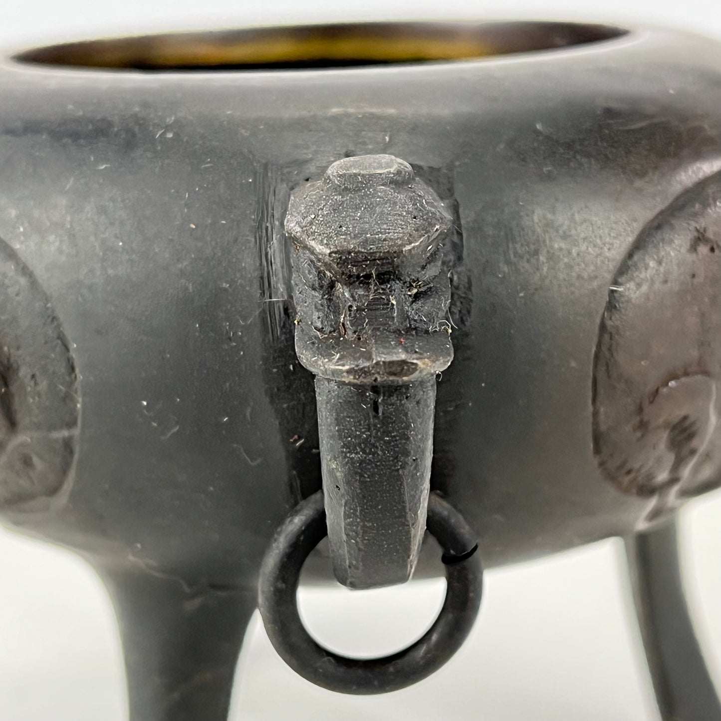 Antique Japanese Bronze Koro Incense Burner w/ Teachers & Elephant handles & Rings 3” H