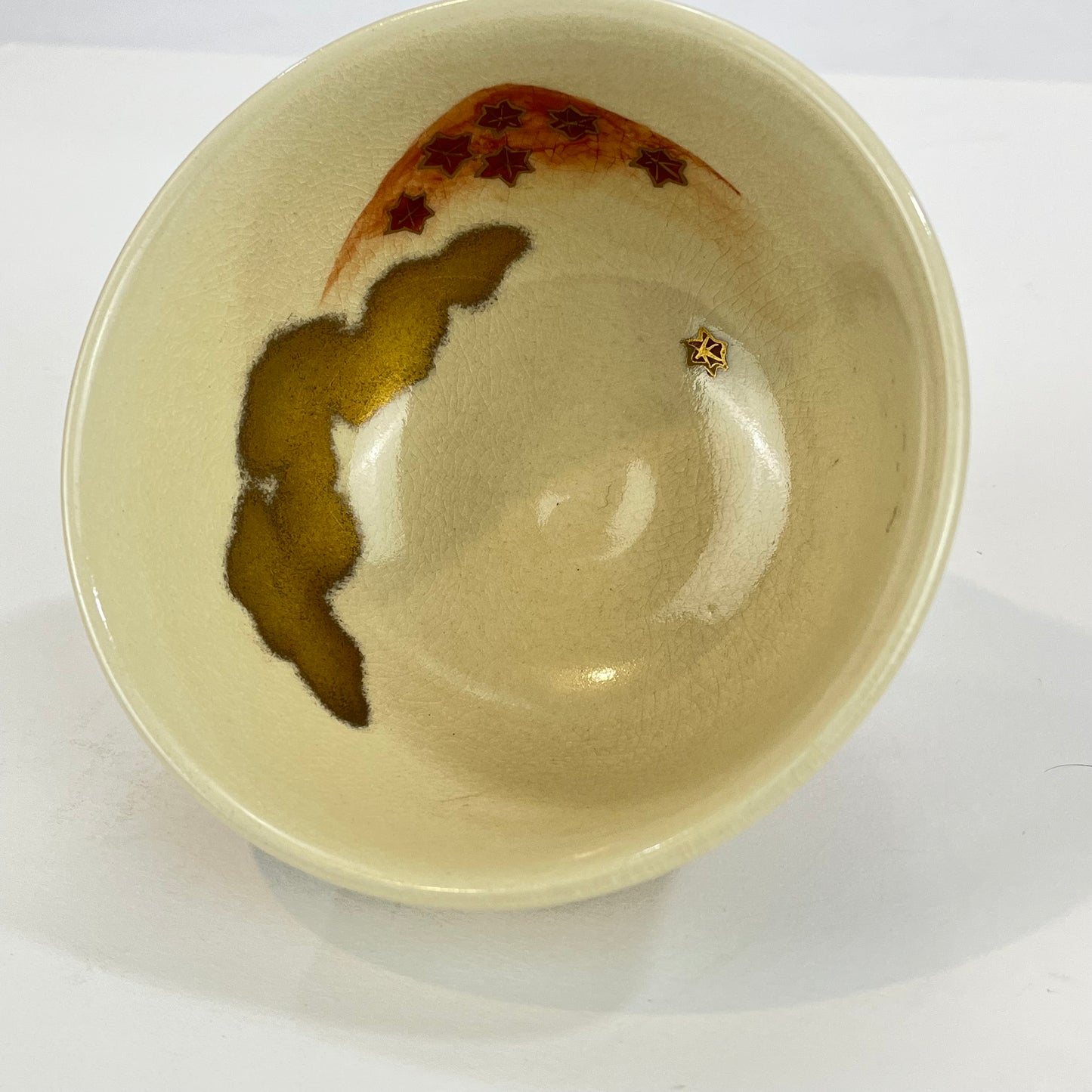 Signed Tea Ceremony Chawan Tea Bowl w/ Gold Clouds & Multicolored Hills