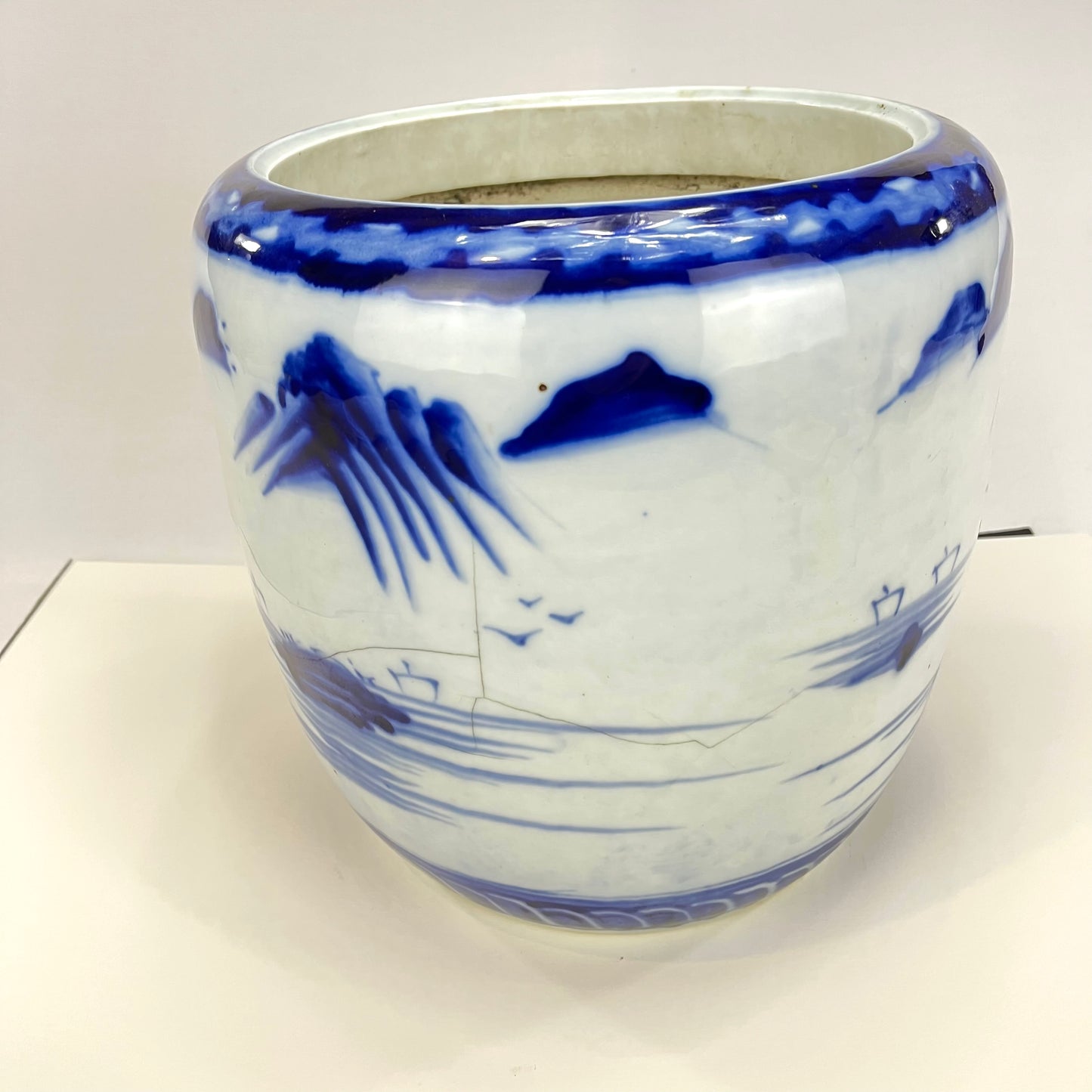Antique Japanese Meiji Ceramic Imari Hibachi Brazier w/ Mountain & Water Landscape 11” Hand Painted