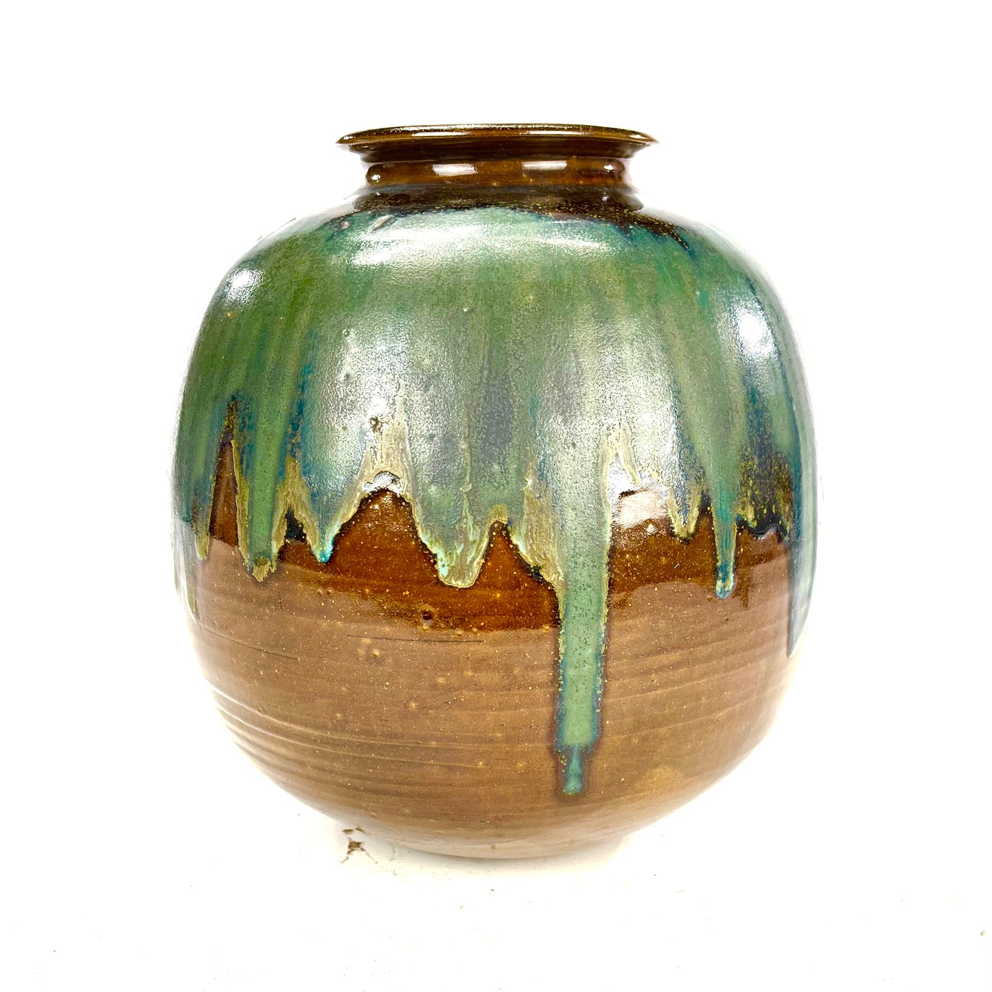 Vintage Japanese Tsubo Urn Vase Green & Blue Drip Glaze 11"