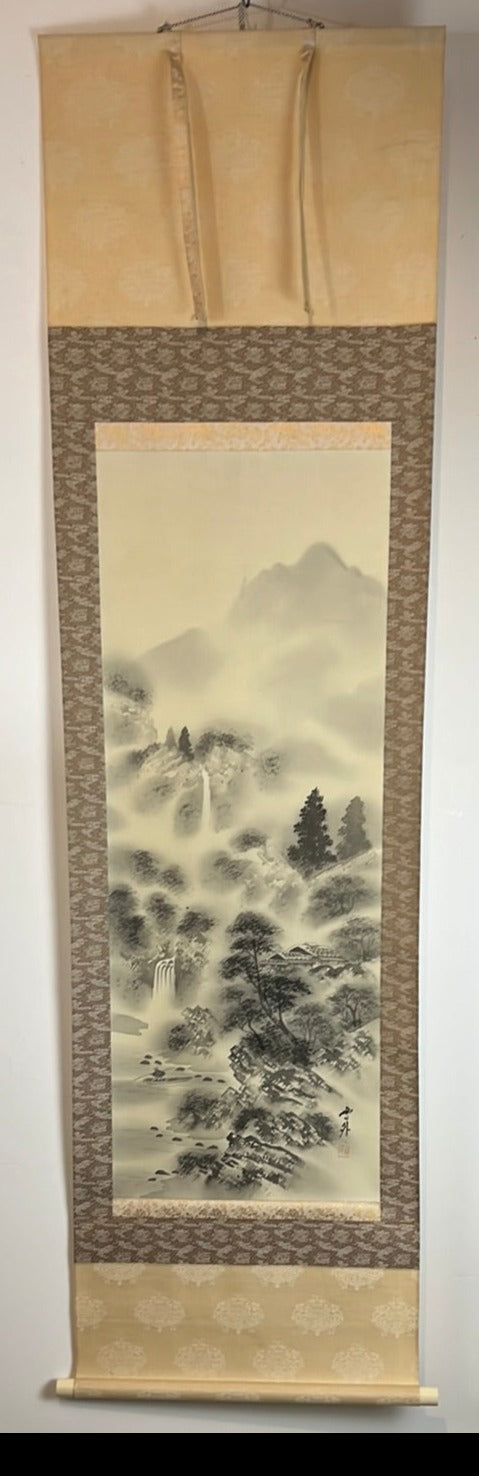 Japanese Vintage Scroll Kakejiku Hand Painted on Silk Showa Era Waterfall 74"