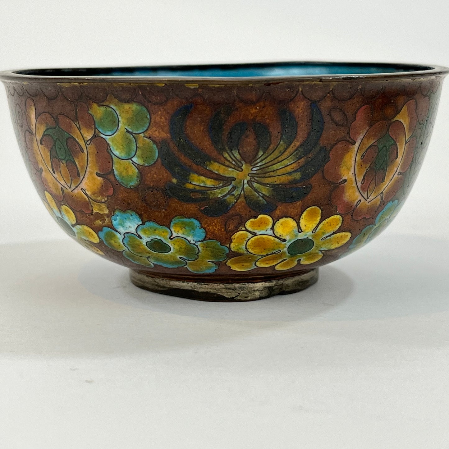 Chinese Cloisonné Bowl Set of Flowers & Blue Intirior 4"