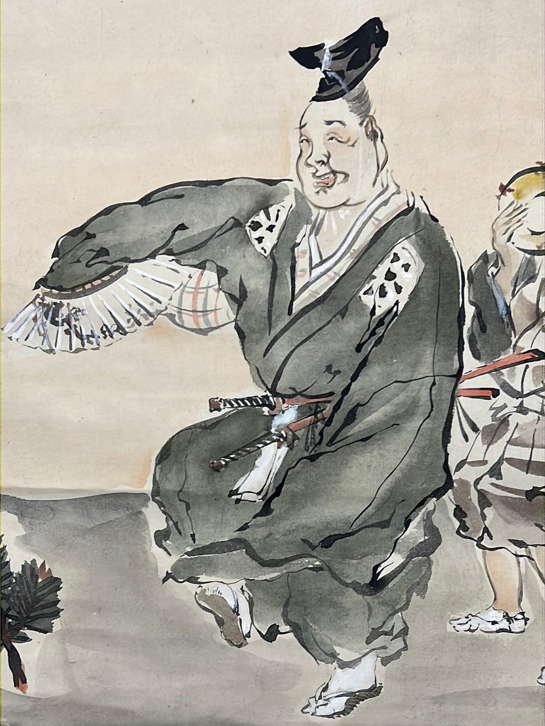 Japanese Scroll Hand Painted on Silk Showa Era Dancing Samurai 71"