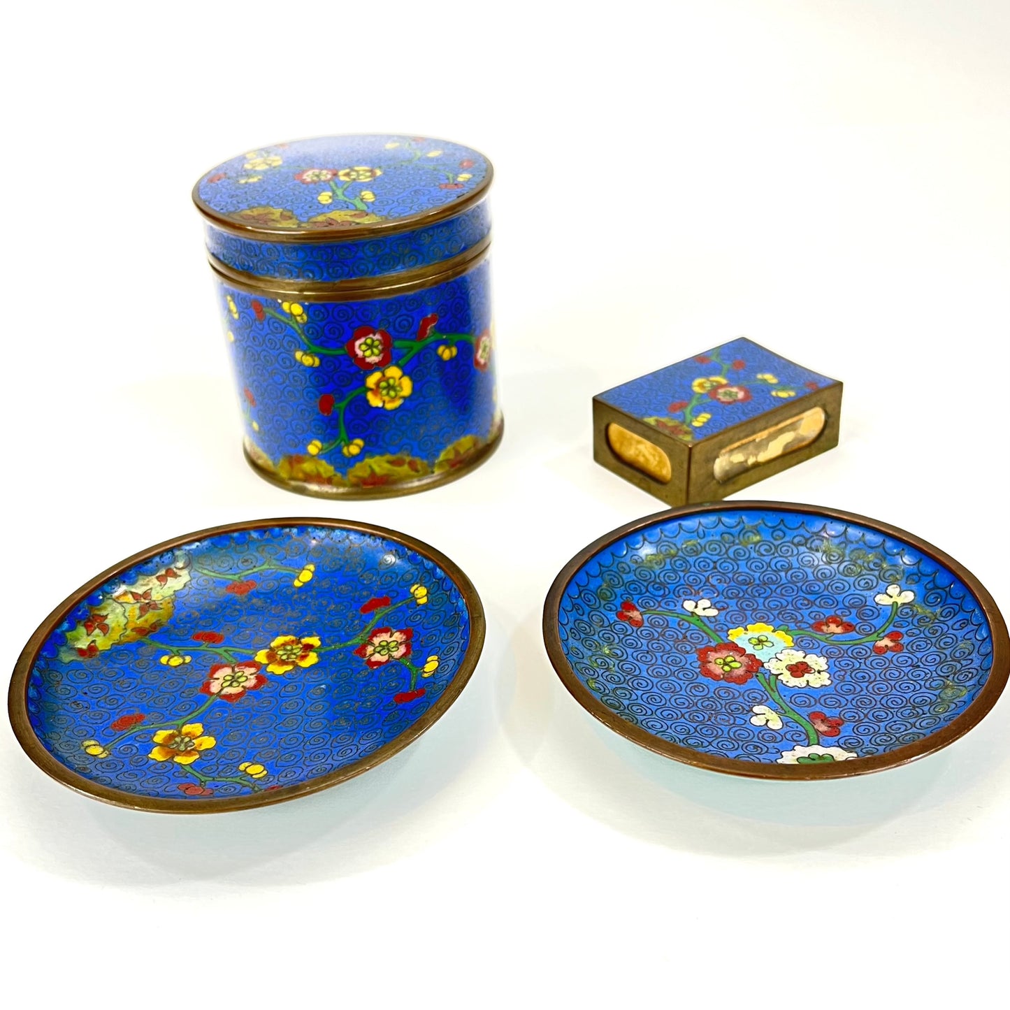 Antique Chinese Cloisonné Smoke Set Blue 4pc 5"