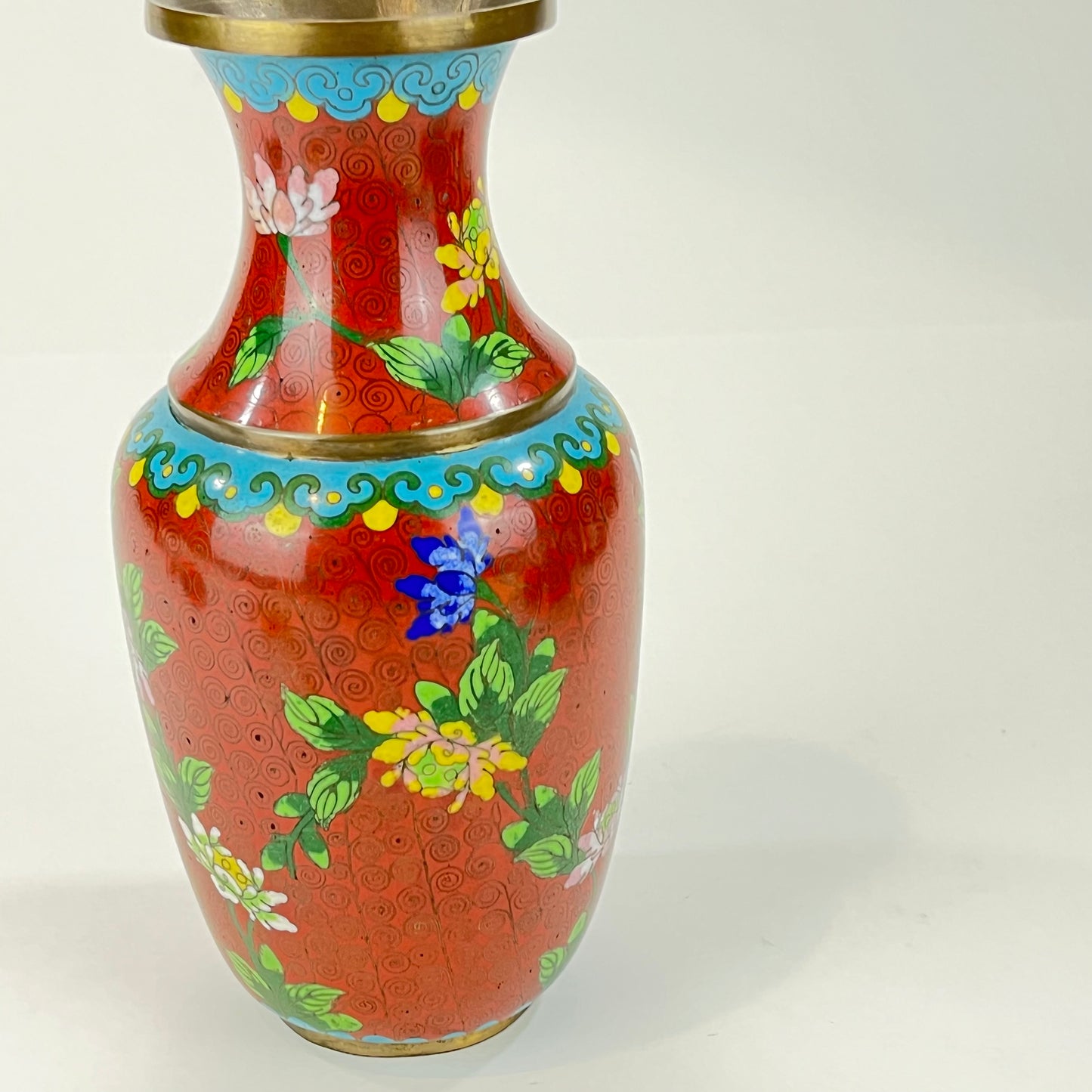 Vintage Chinese 70 Year Old Red Cloisonne Vase Floral Design 9"