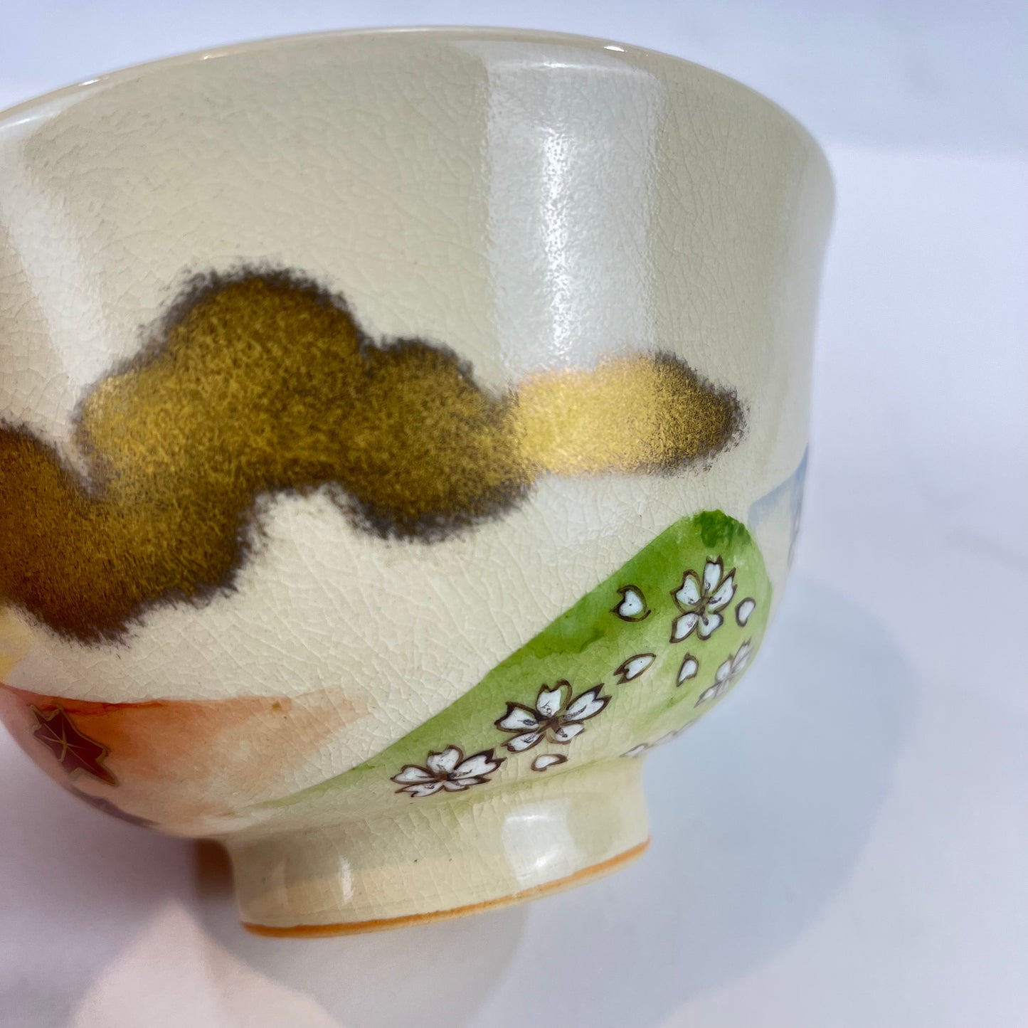 Signed Tea Ceremony Chawan Tea Bowl w/ Gold Clouds & Multicolored Hills