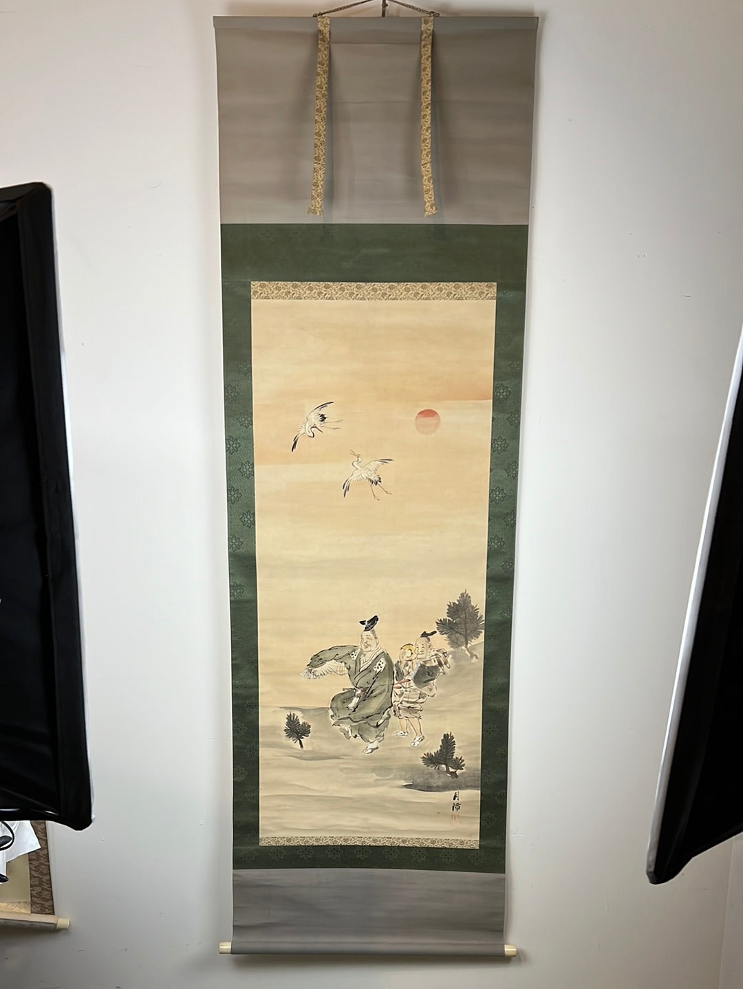 Japanese Scroll Hand Painted on Silk Showa Era Dancing Samurai 71"