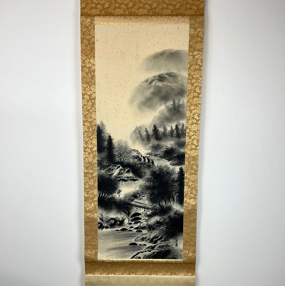 Japanese Vintage Scroll Kakejiku Hand Painted Showa Era Mountain Hut