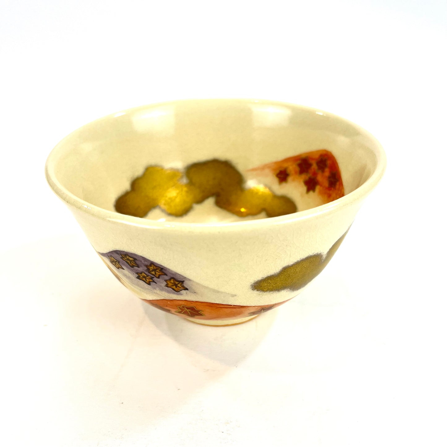 Signed Tea Ceremony Chawan Tea Bowl w/ Gold Clouds & Multicolored Hills
