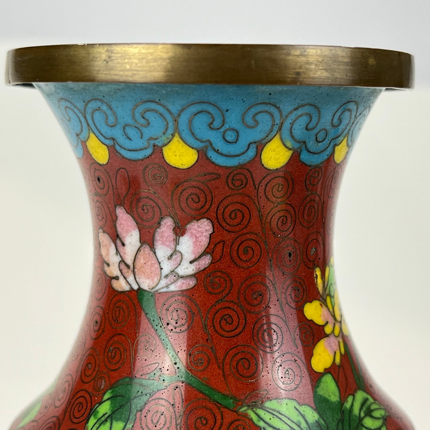 Vintage Chinese 70 Year Old Red Cloisonne Vase Floral Design 9"
