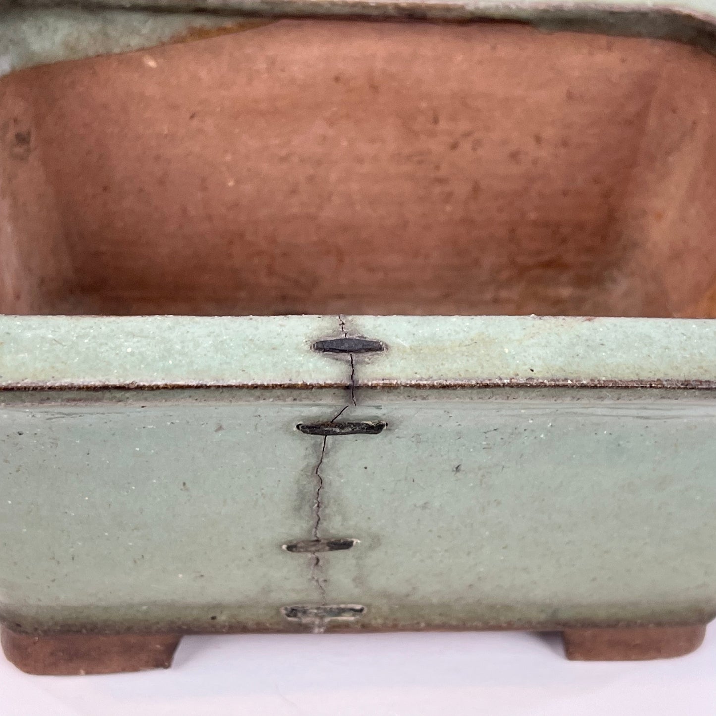 Japanese Bonsai Earthen Wear Celadon Green Bonsai Pot w/ Staples Small Trees 4.5"