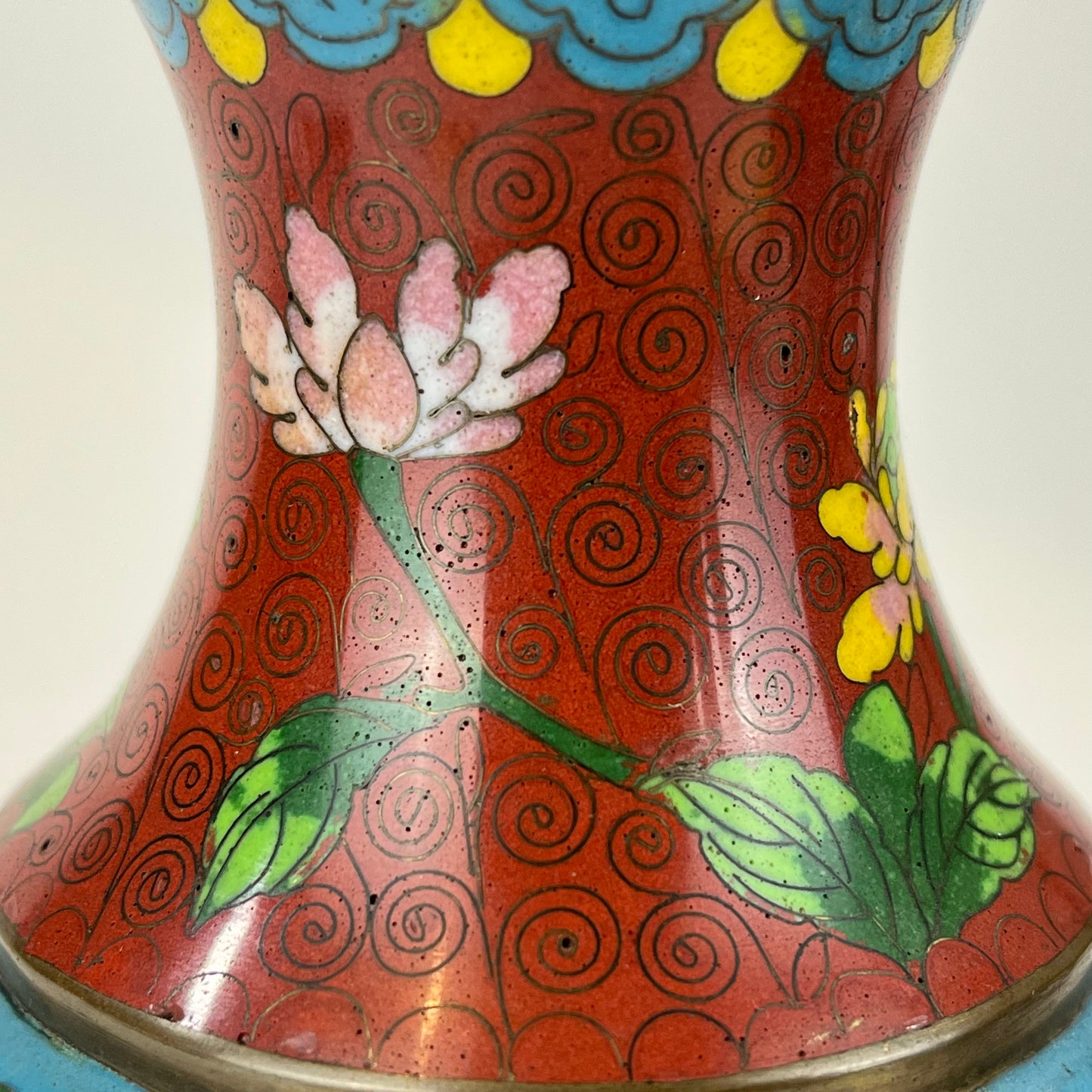 Vintage Chinese 70 Year Old Red Cloisonne Vase Floral Design 9"