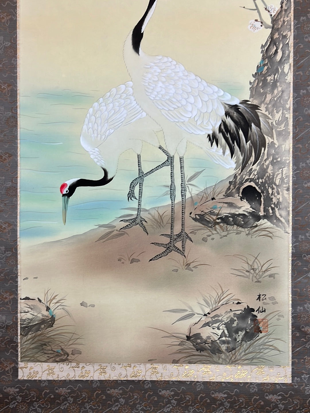 Japanese Scroll Hand Painted on Silk Showa Era Pair of Cranes 71"
