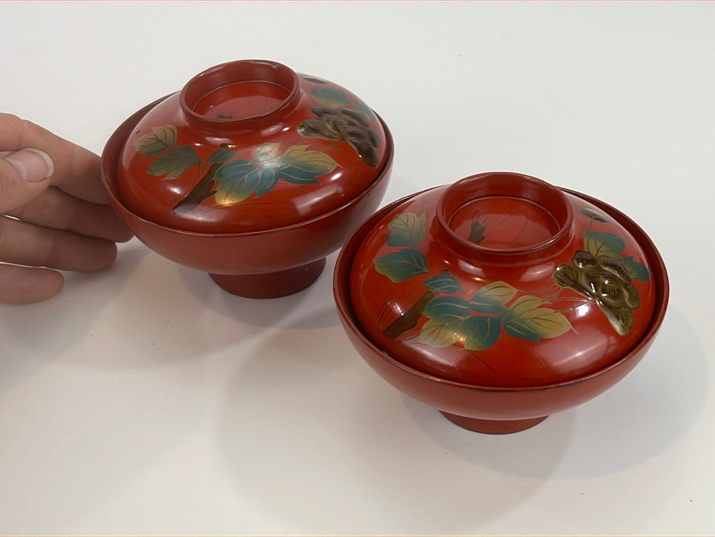 Antique Japanese Edo Era (c1850) Pair of Lacquer Makie Wooden Lidded Soup/Rice Bowl