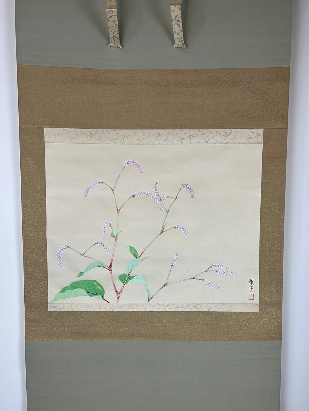 Japanese Scroll Hand Painted on Silk Showa Era Flowers 56”
